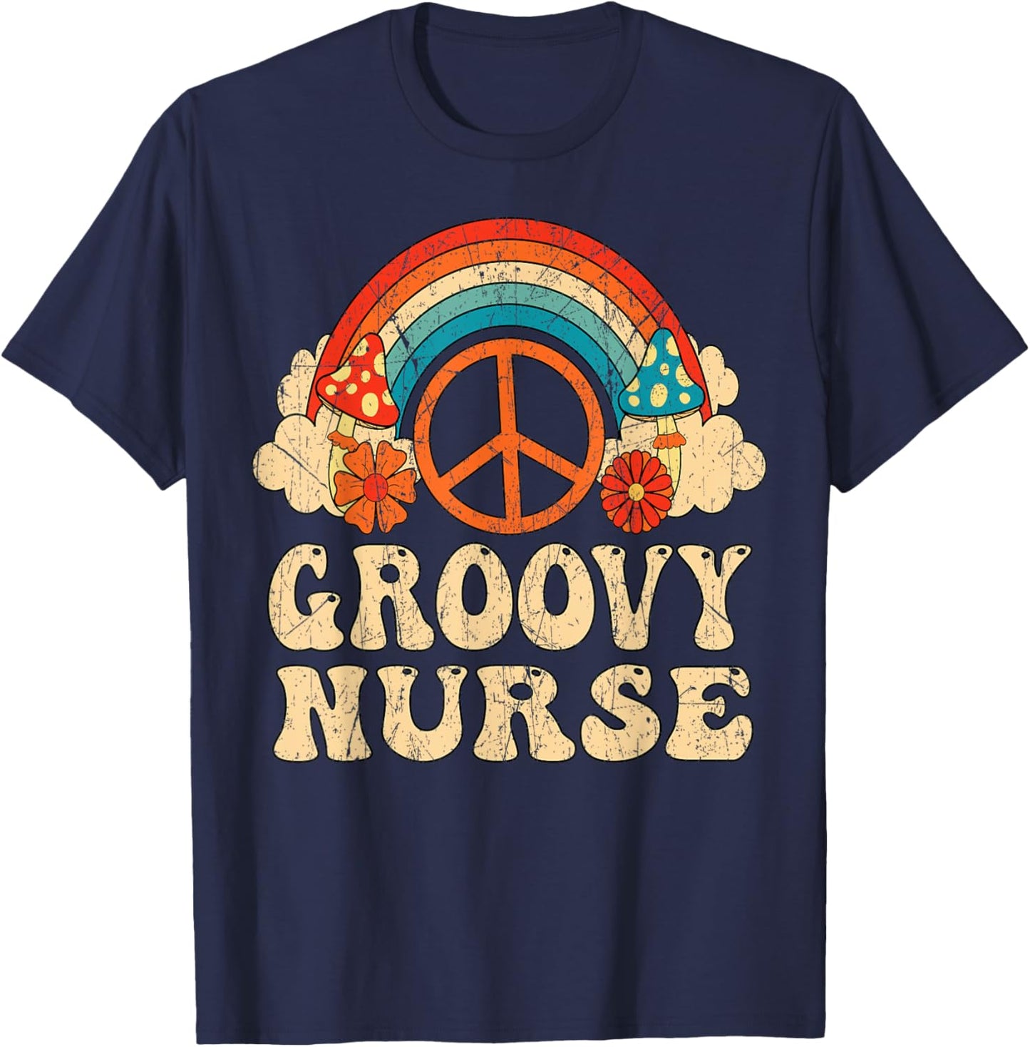 Groovy Nurse 70s Aesthetic Nursing 1970's Retro Nurse T-Shirt - T-Shirt | Navy