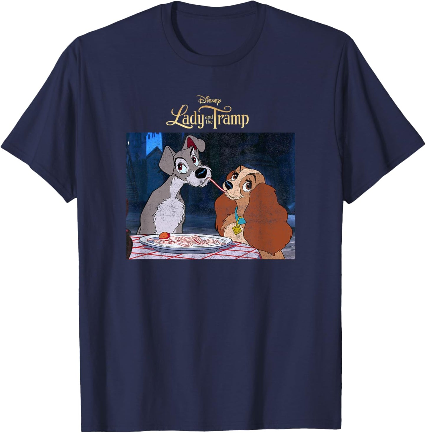 Disney Lady and The Tramp Classic Spaghetti Scene Poster T-Shirt - T-Shirt | Navy