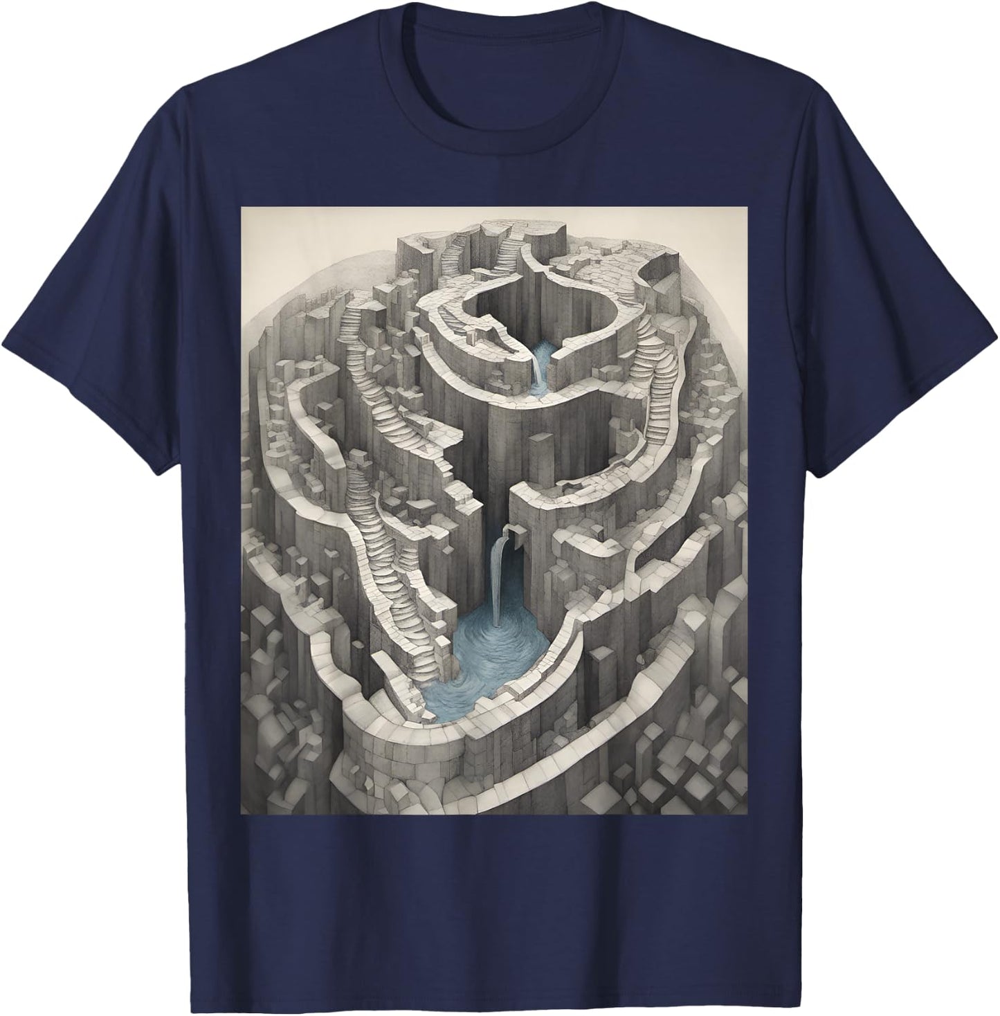 Infinite Waterfall Escher Illusion T-Shirt - T-Shirt | Navy