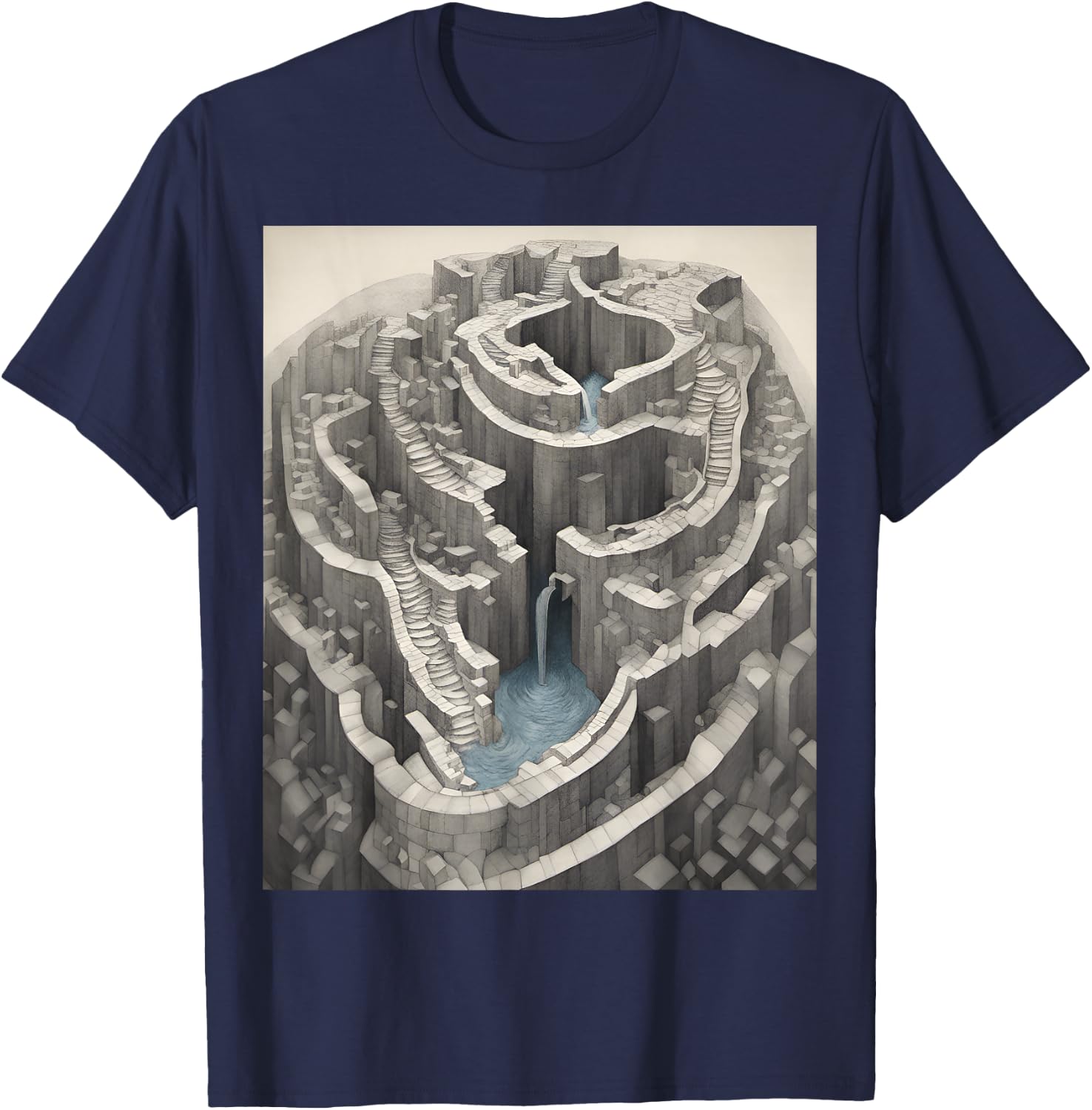 Infinite Waterfall Escher Illusion T-Shirt - T-Shirt | Navy