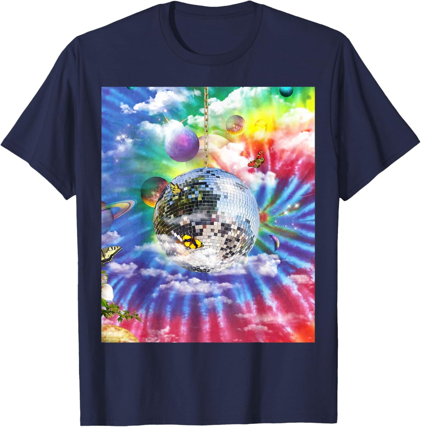 Trippy Rainbow Tie Dye Disco Ball T-Shirt - T-Shirt | Navy