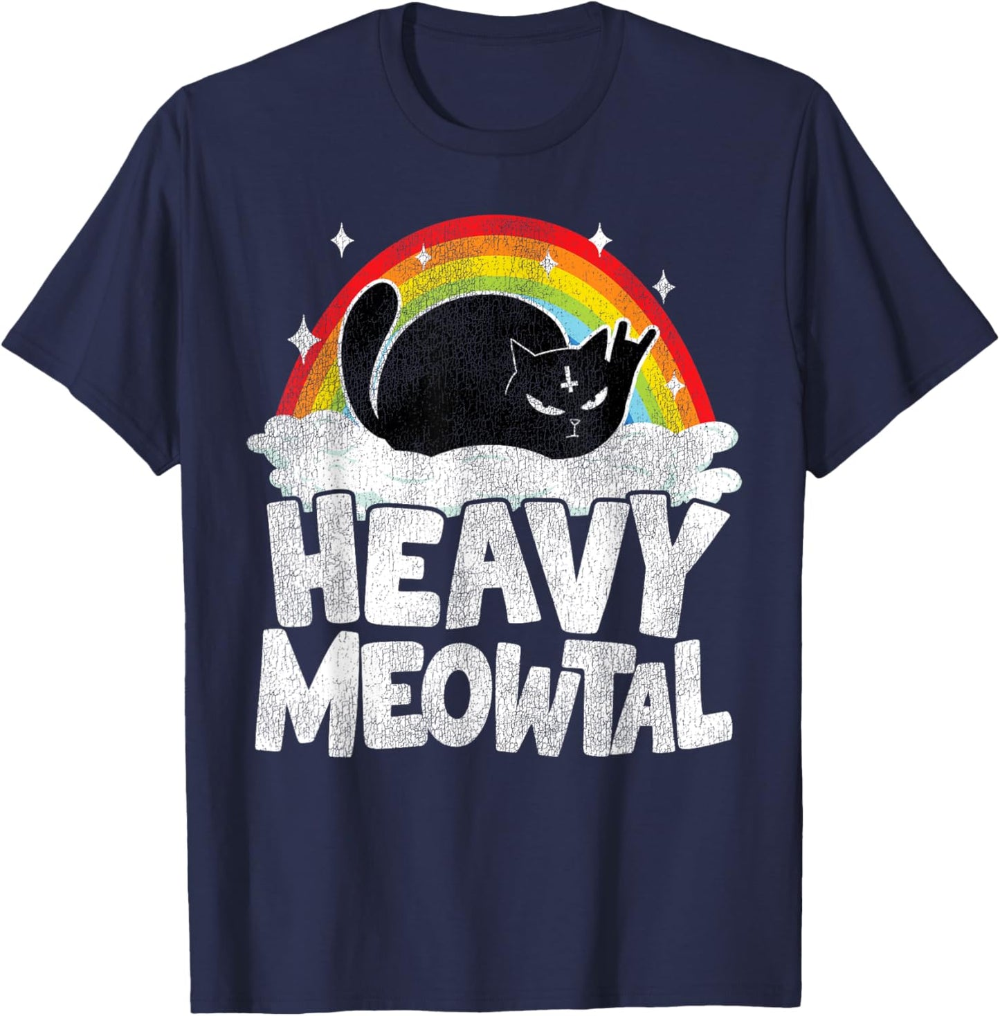 Heavy Meowtal Cat Retro Rainbow Satanic Funny Heavy Metal T-Shirt - T-Shirt | Navy
