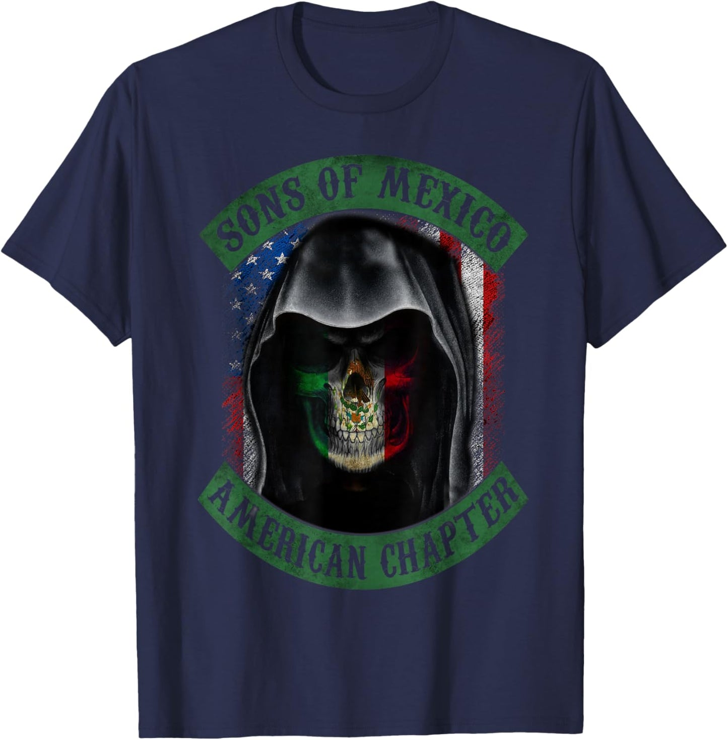 Sons Of Mexico, American Chapter, Mexican Skull USA Flag Women Men T-Shirt - T-Shirt | Navy