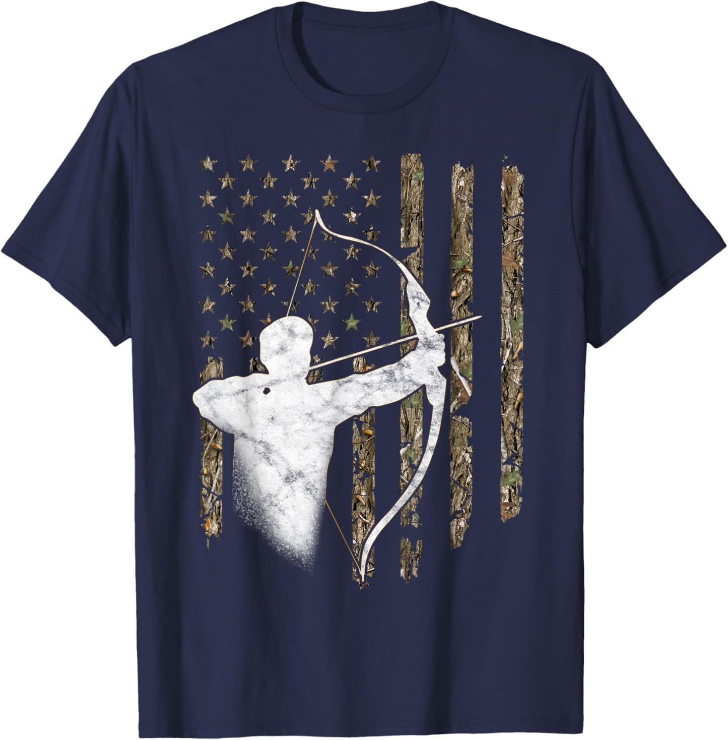 Archery Recurve Long Bow American Flag Camouflage Hunting T-Shirt - T-Shirt | Navy