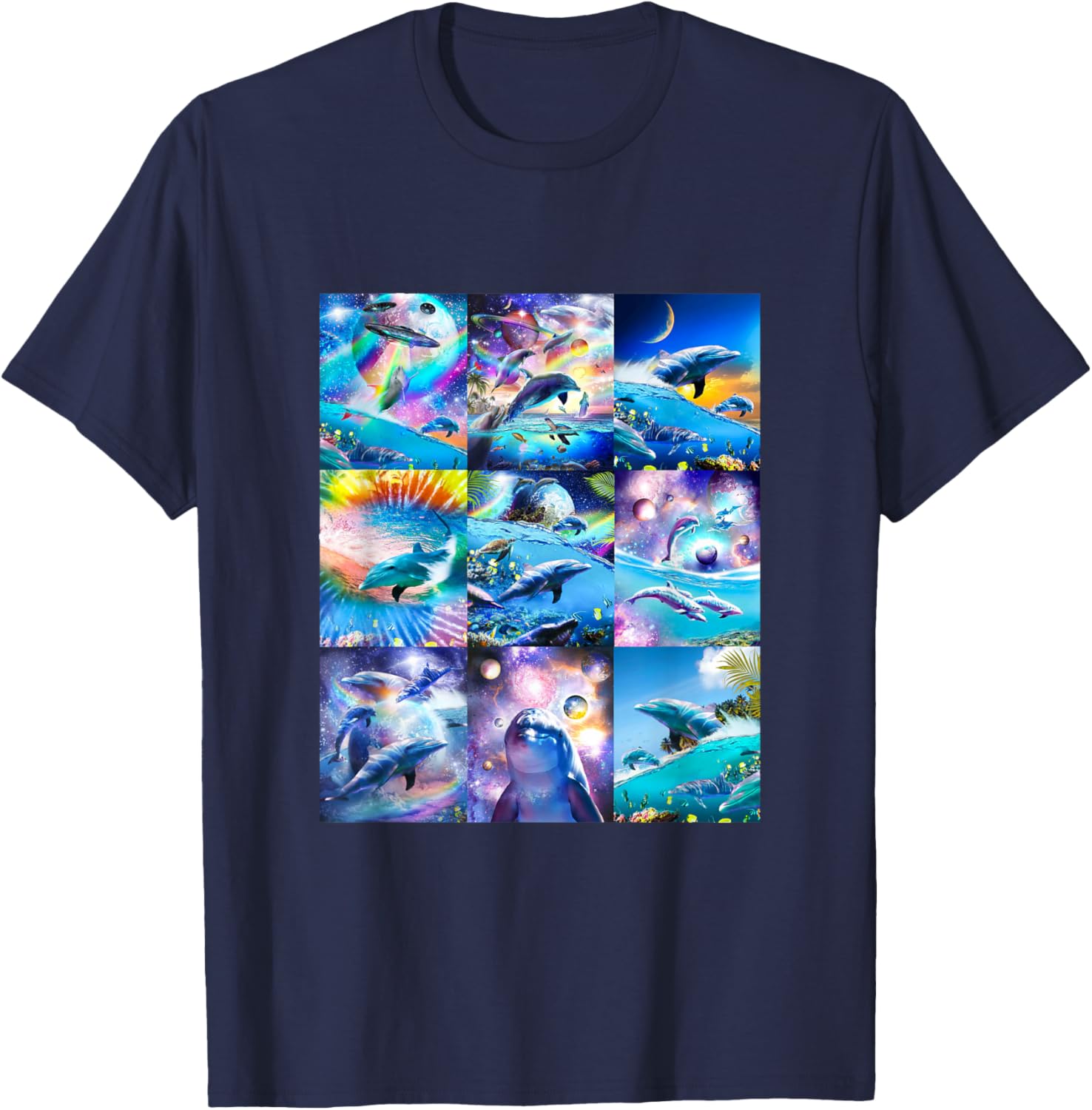Space Dolphin Rainbow Galaxy Dolphins Collage T-Shirt - T-Shirt | Navy