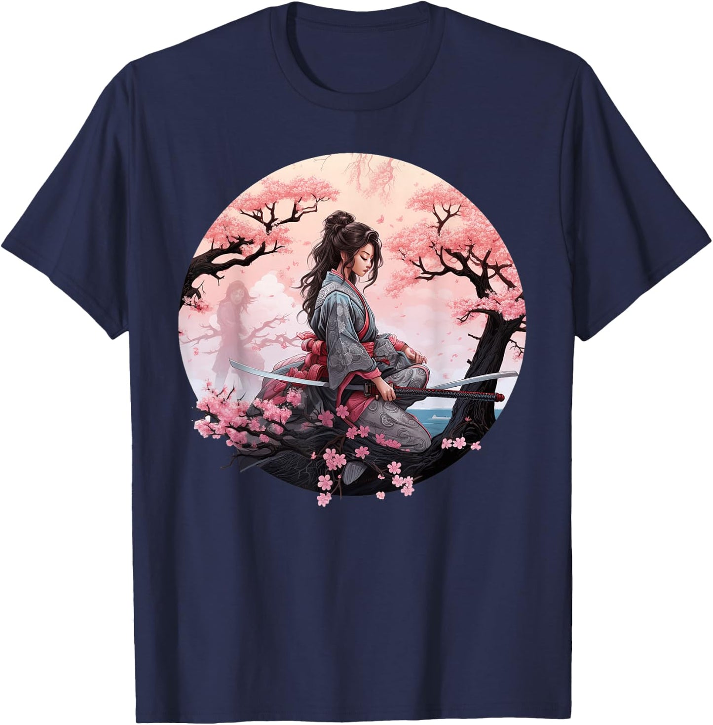 Japanese Samurai Girl Vintage Retro Sakura Cherry Blossom T-Shirt - T-Shirt | Navy