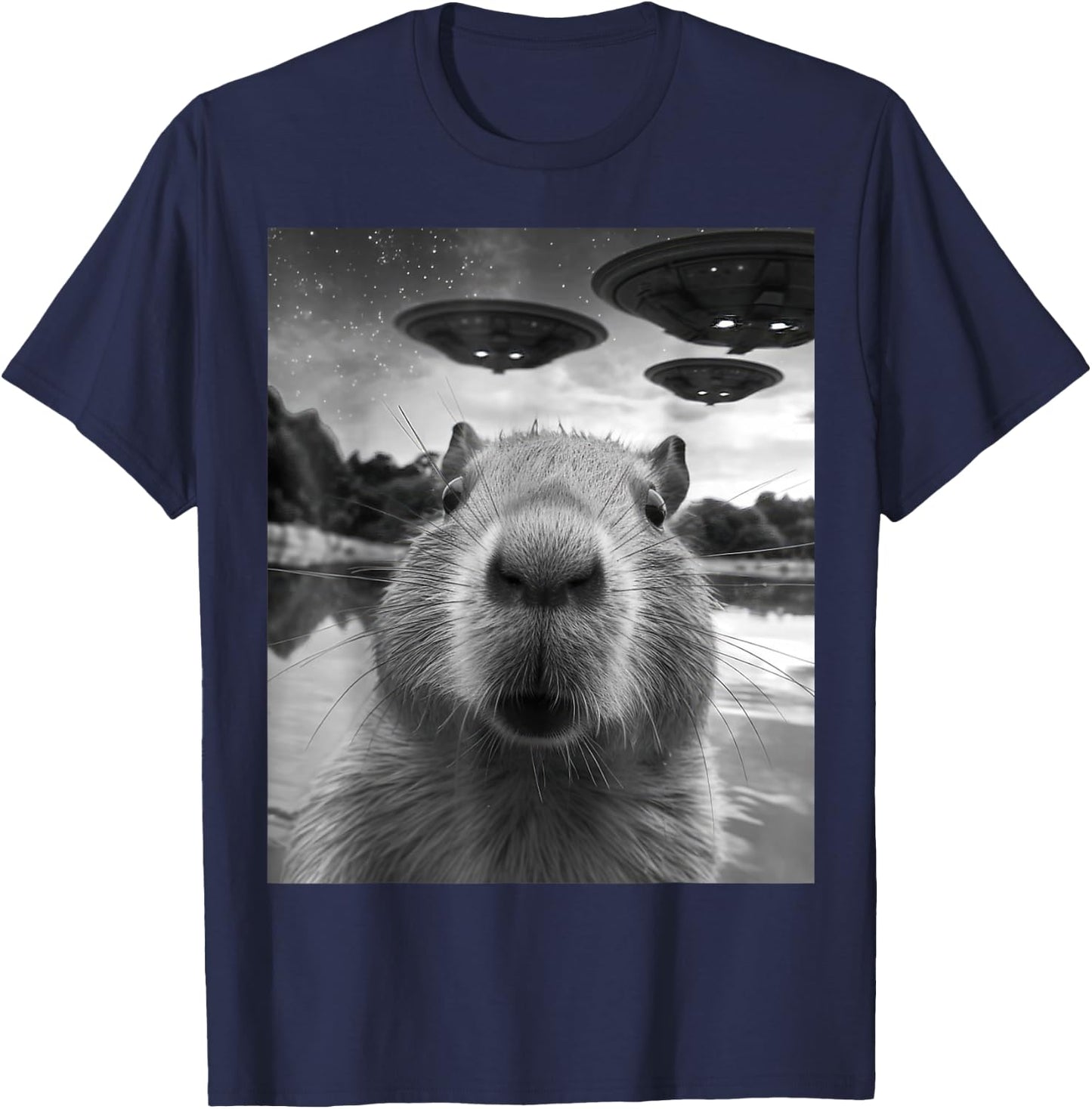 Capybara Selfie with UFOs Weird T-Shirt - T-Shirt | Navy
