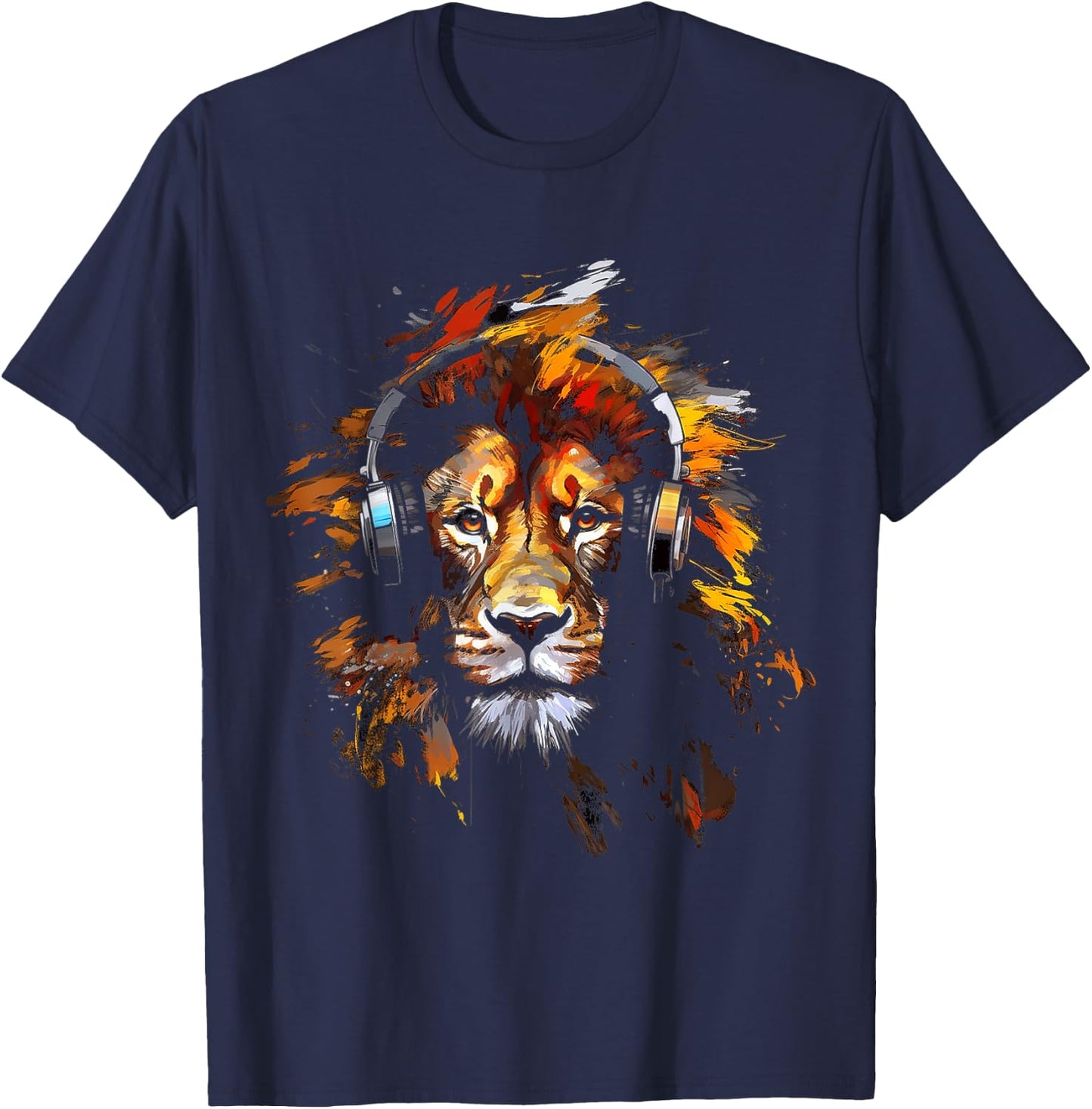 Lion Headphones Animal Motif Music Artwork Lion T-Shirt - T-Shirt | Navy