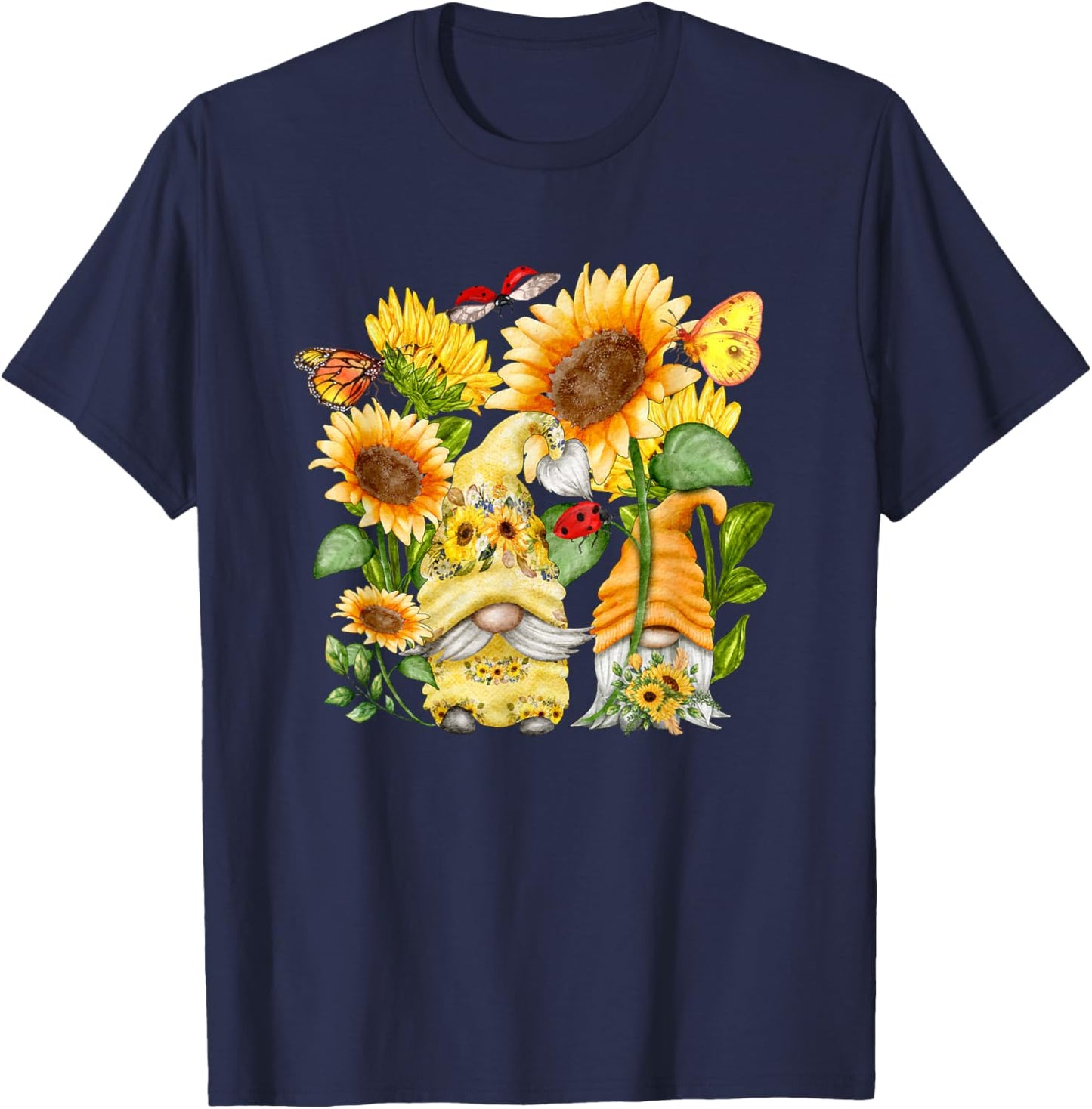 Sunflower Gnome Butterfly & Ladybug Floral Flower T-Shirt - T-Shirt | Navy