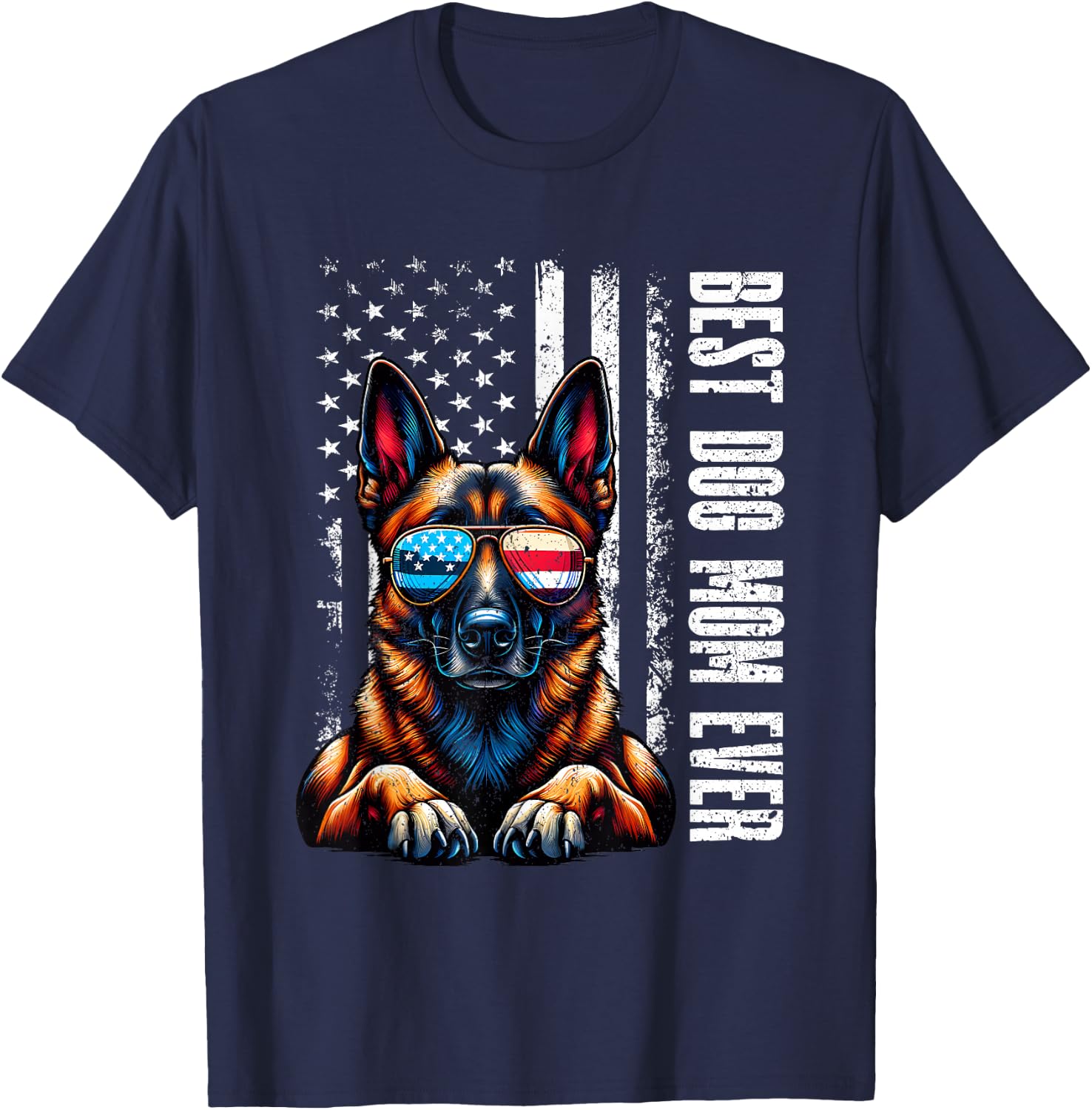 Vintage Best Dog Mom Ever Belgian Malinois Dog American Flag T-Shirt - T-Shirt | Navy
