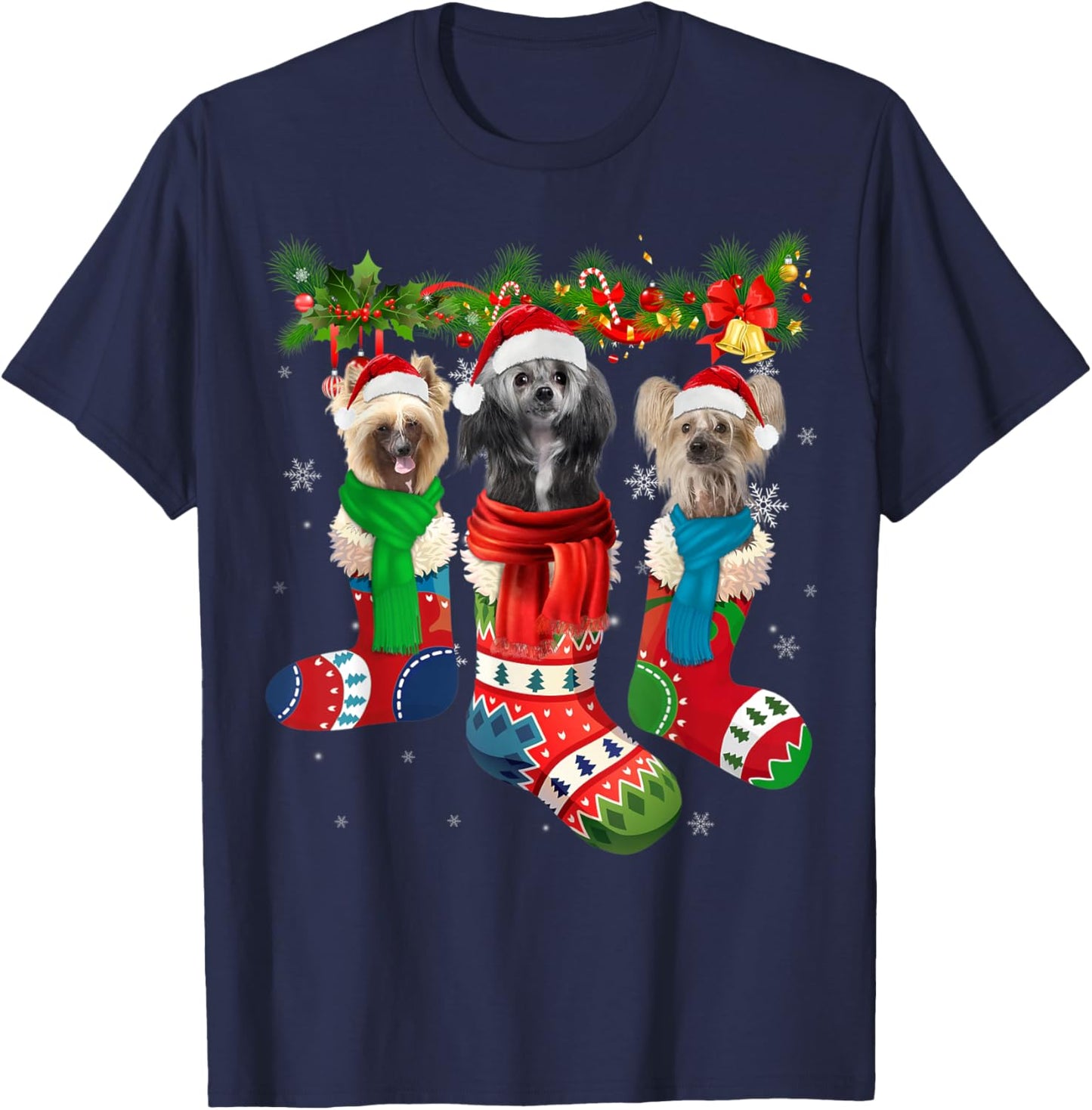 Three Chinese Crested Dogs In Christmas Socks T-Shirt - T-Shirt | Navy