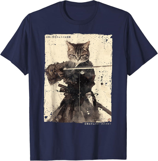 Samurai Cat Warrior Ukiyo Ink Artwork Cat Samurai T-Shirt - T-Shirt | Navy