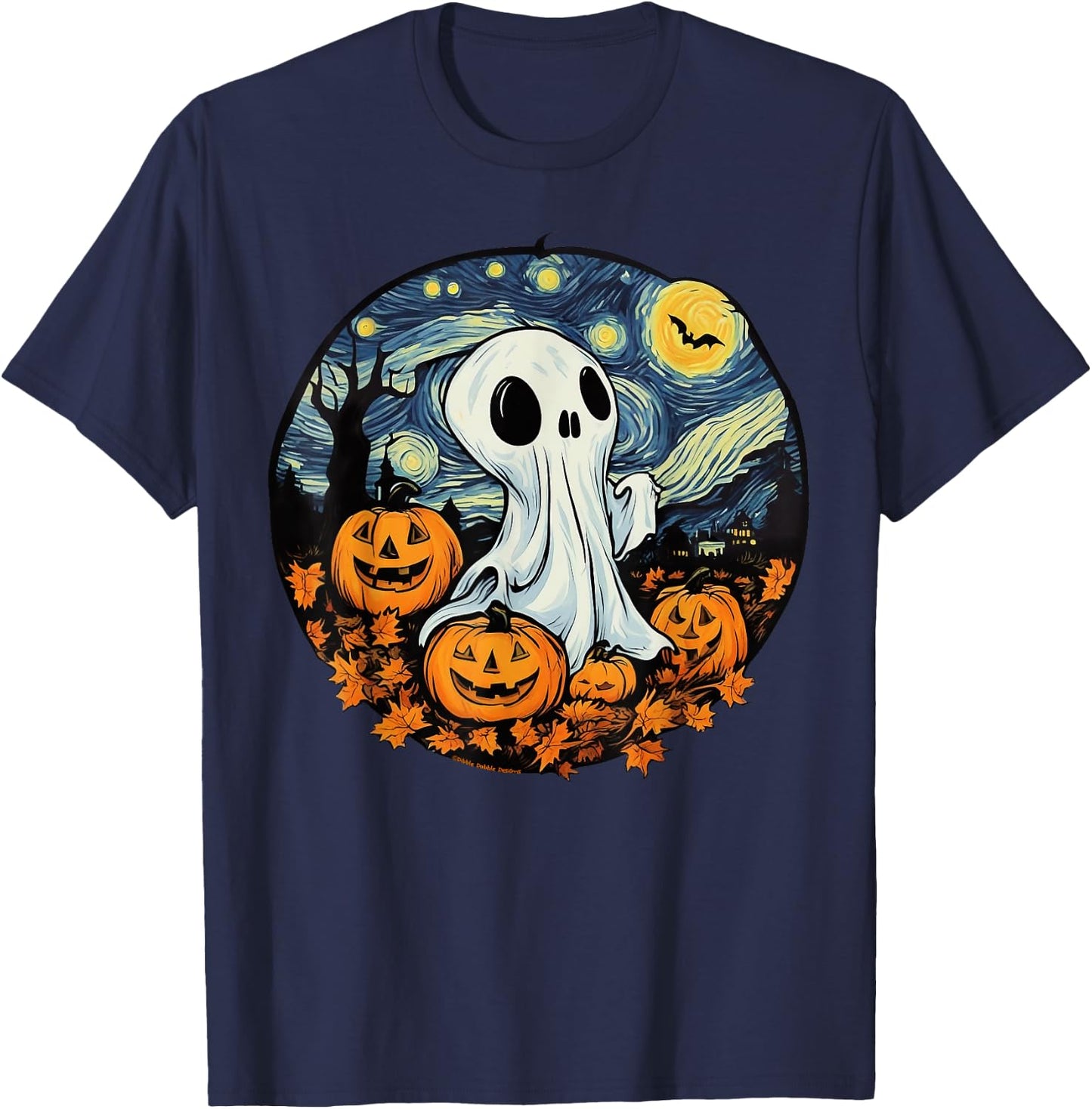 Fun and Spooky Impressionist Starry Night Ghost Halloween T-Shirt - T-Shirt | Navy
