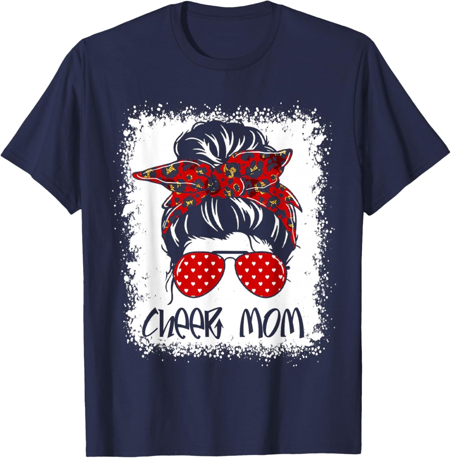 Cheer Mom Proud Cheerleading Bleached Cheer Mom Messy Bun T-Shirt - T-Shirt | Navy