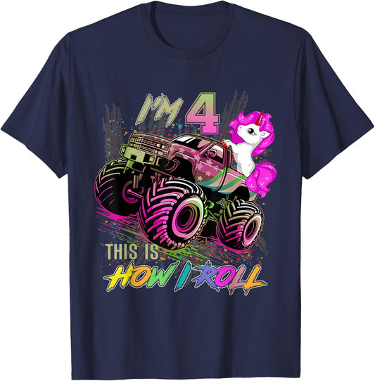 4 Year Old Girl Loves Monster Truck & Unicorn, 4th Birthday T-Shirt - T-Shirt | Navy