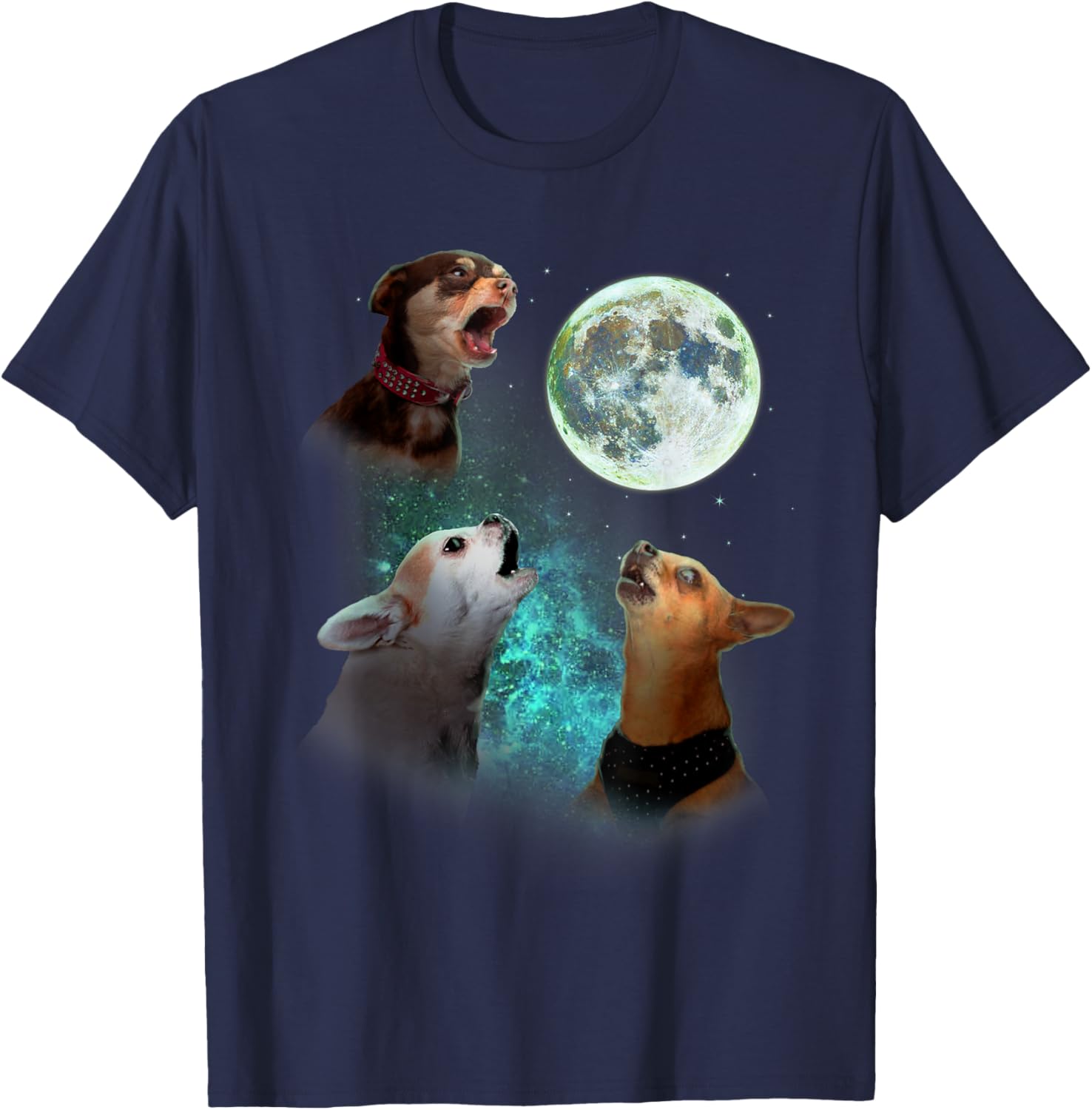 Three Chihuahuas Howl At Moon 3 Wolfs - Funny Wolves Parody T-Shirt - T-Shirt | Navy