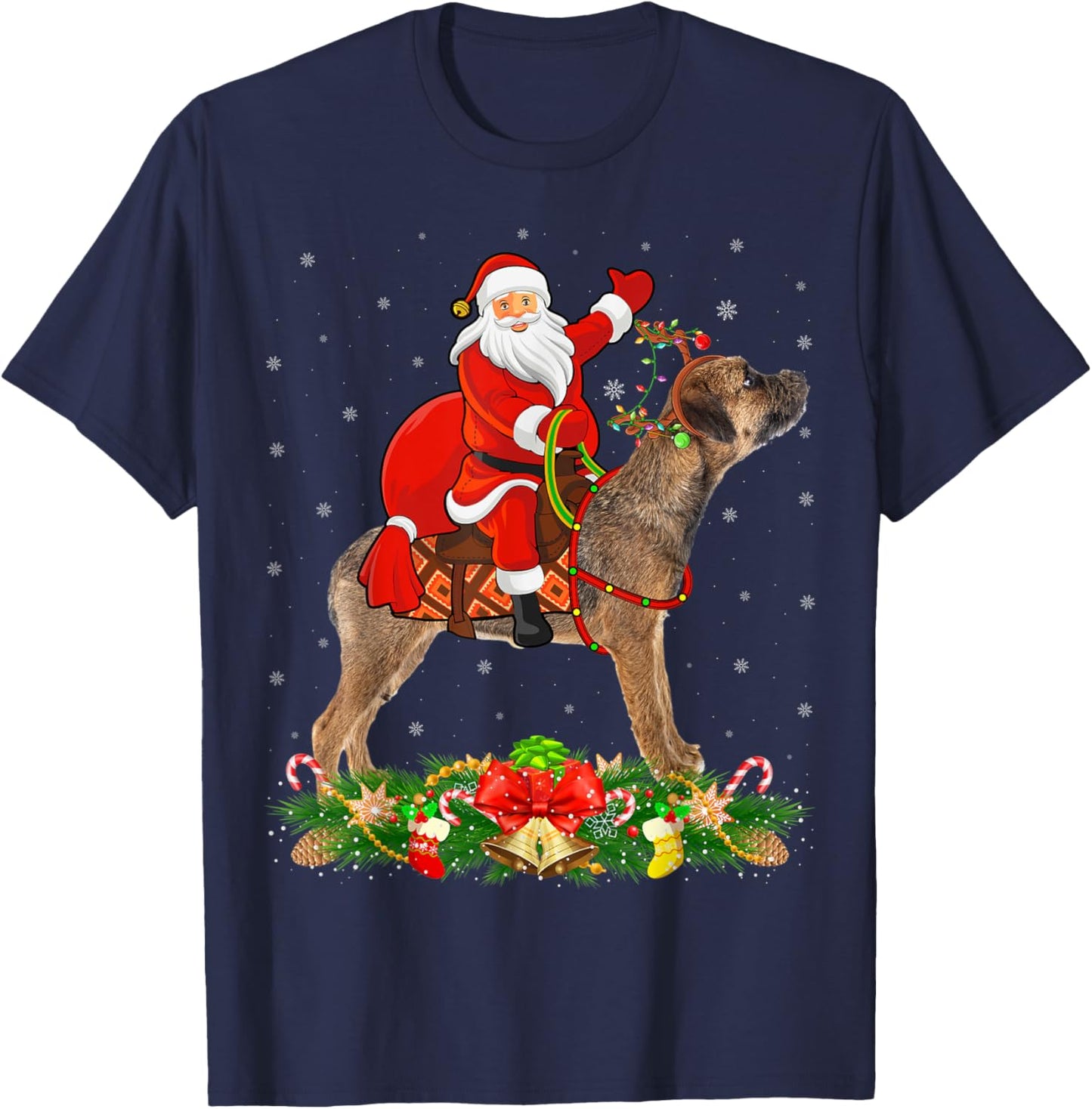 Xmas Matching Funny Santa Riding Border Terrier Christmas T-Shirt - T-Shirt | Navy