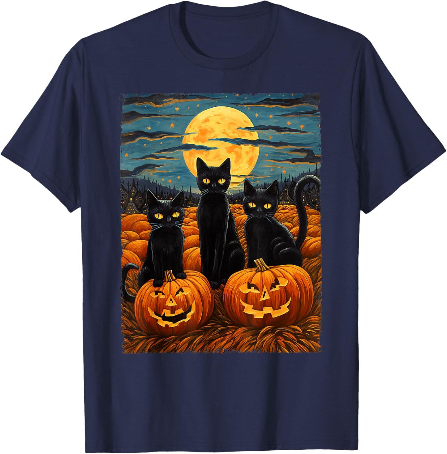 Black Cat Halloween Cat Lovers Starry Night Cat Van Gogh Cat T-Shirt - T-Shirt | Navy