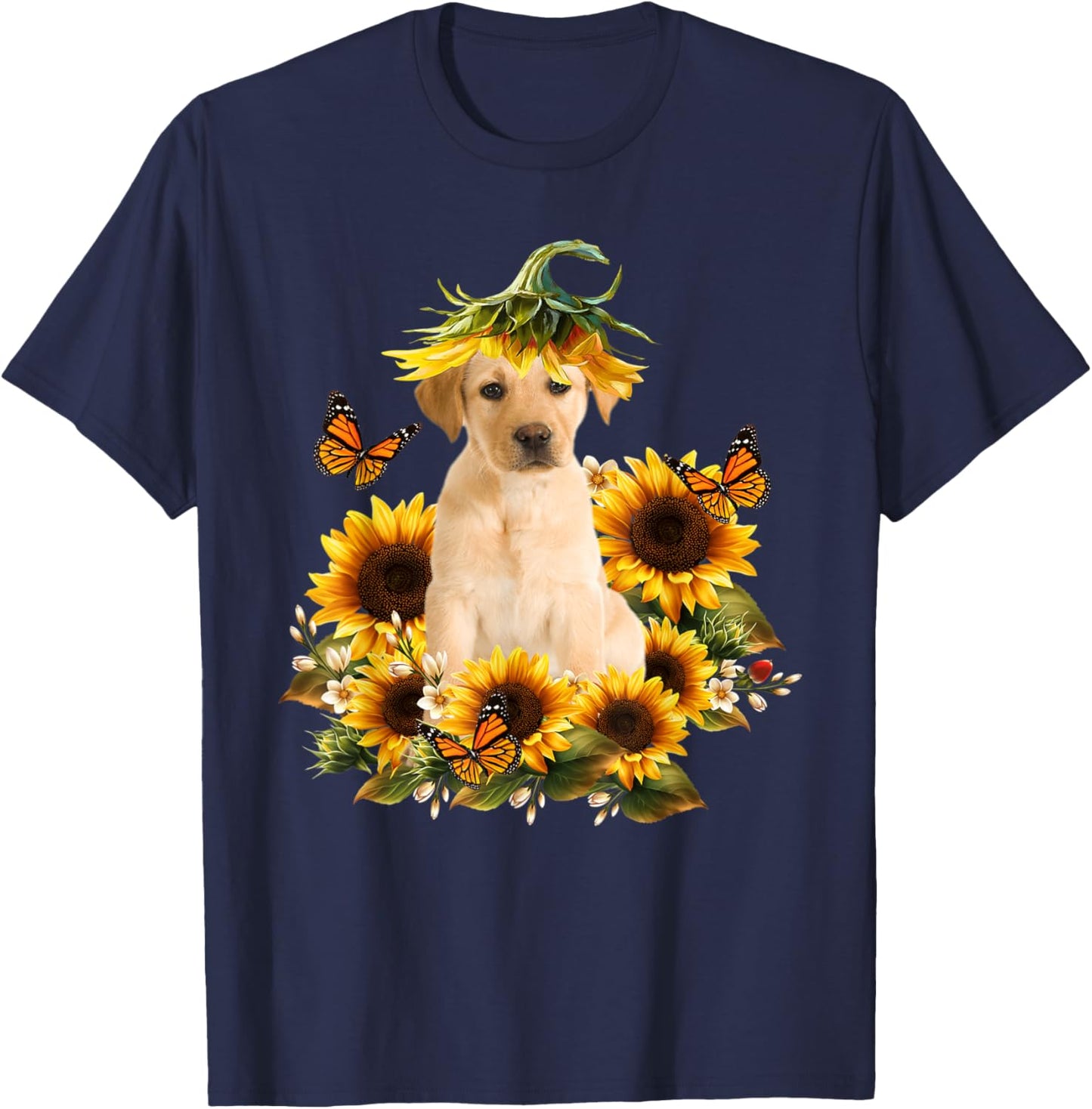 Labrador Sunflower Butterfly Cute Dog Lover Gifts Men Women Kids T-Shirt - T-Shirt | Navy