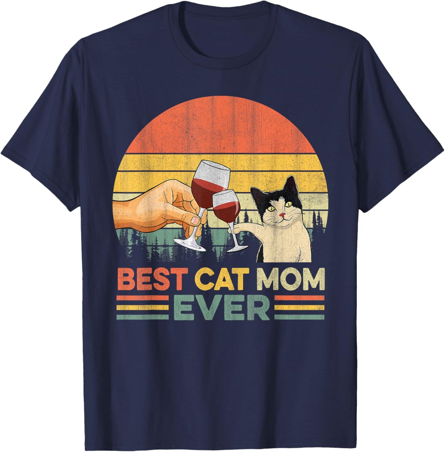 Vintage Best Cat Mom Ever Wine Drinking Women T-Shirt - T-Shirt | Navy