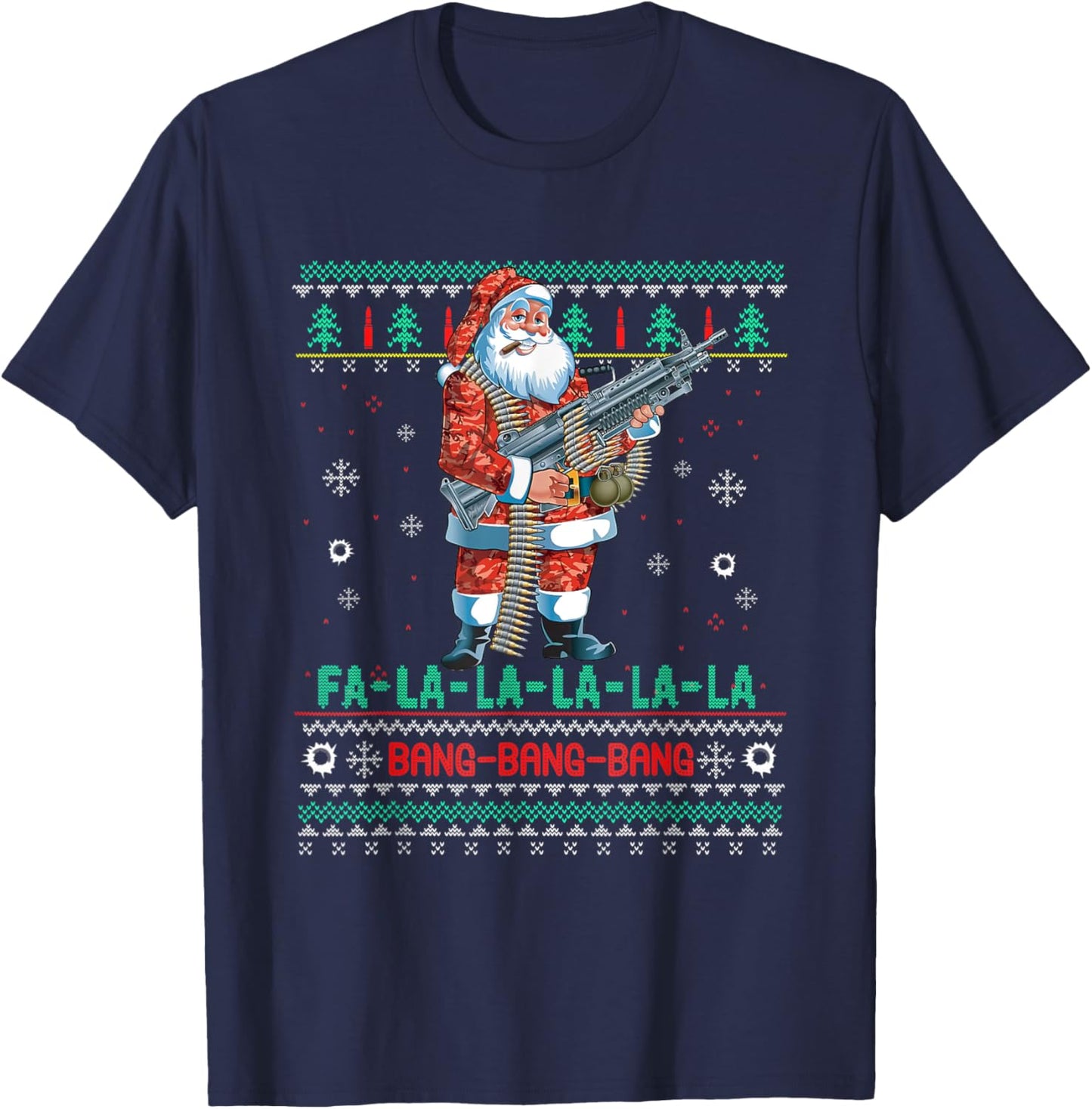 Machine Santa Claus Gun Lover Ugly Christmas Sweater T-Shirt - T-Shirt | Navy