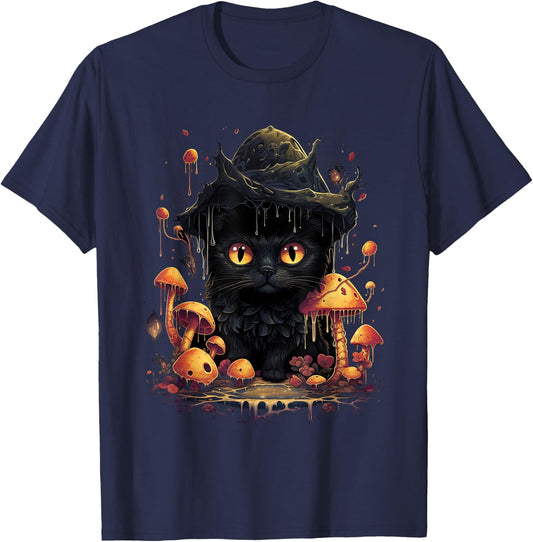 Aesthetic Goblincore and dark Cottagecore Cat under Mushroom T-Shirt - T-Shirt | Navy