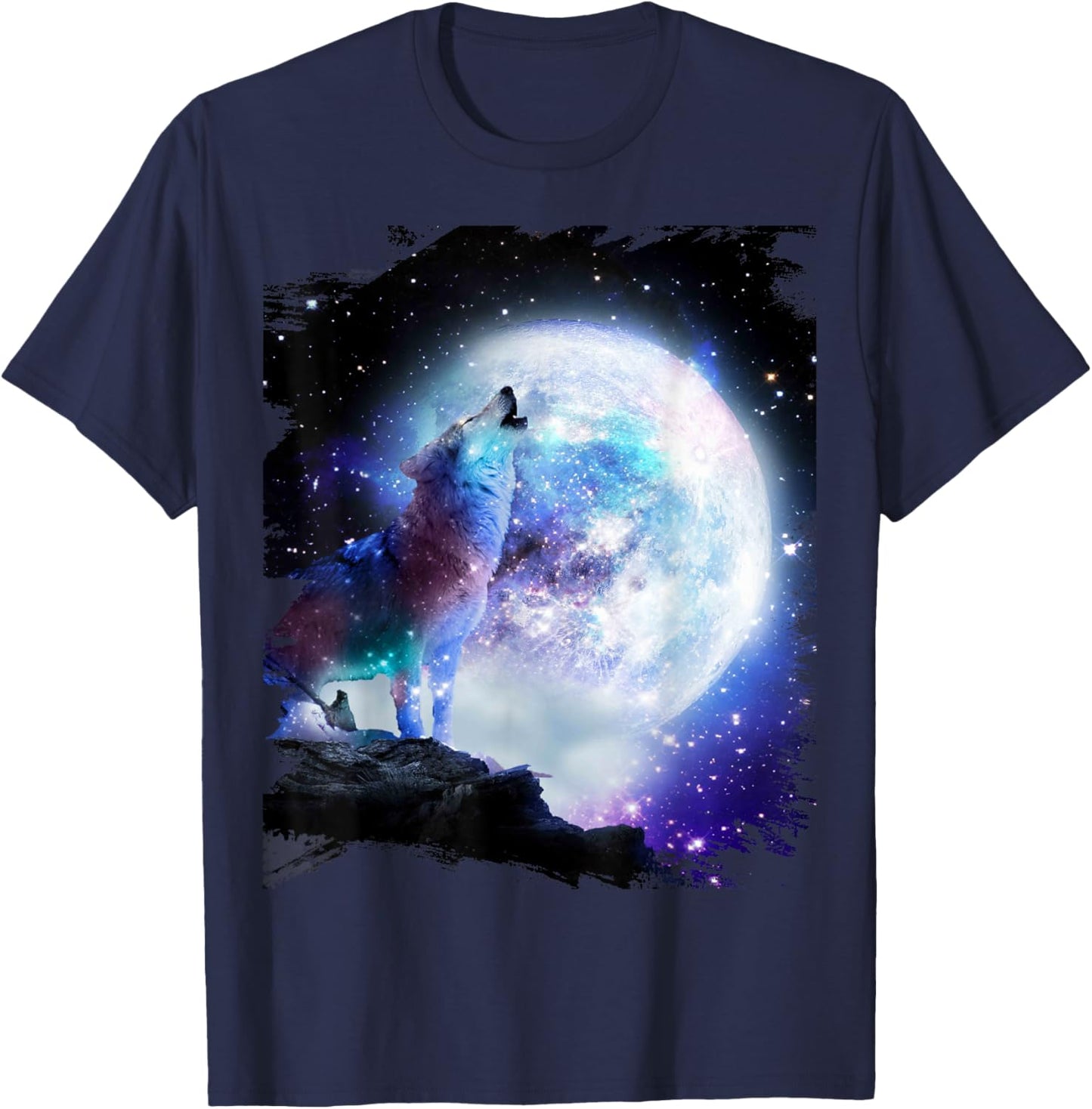 Cosmic Space Wolf Wolves Howling At Moon T-Shirt - T-Shirt | Navy