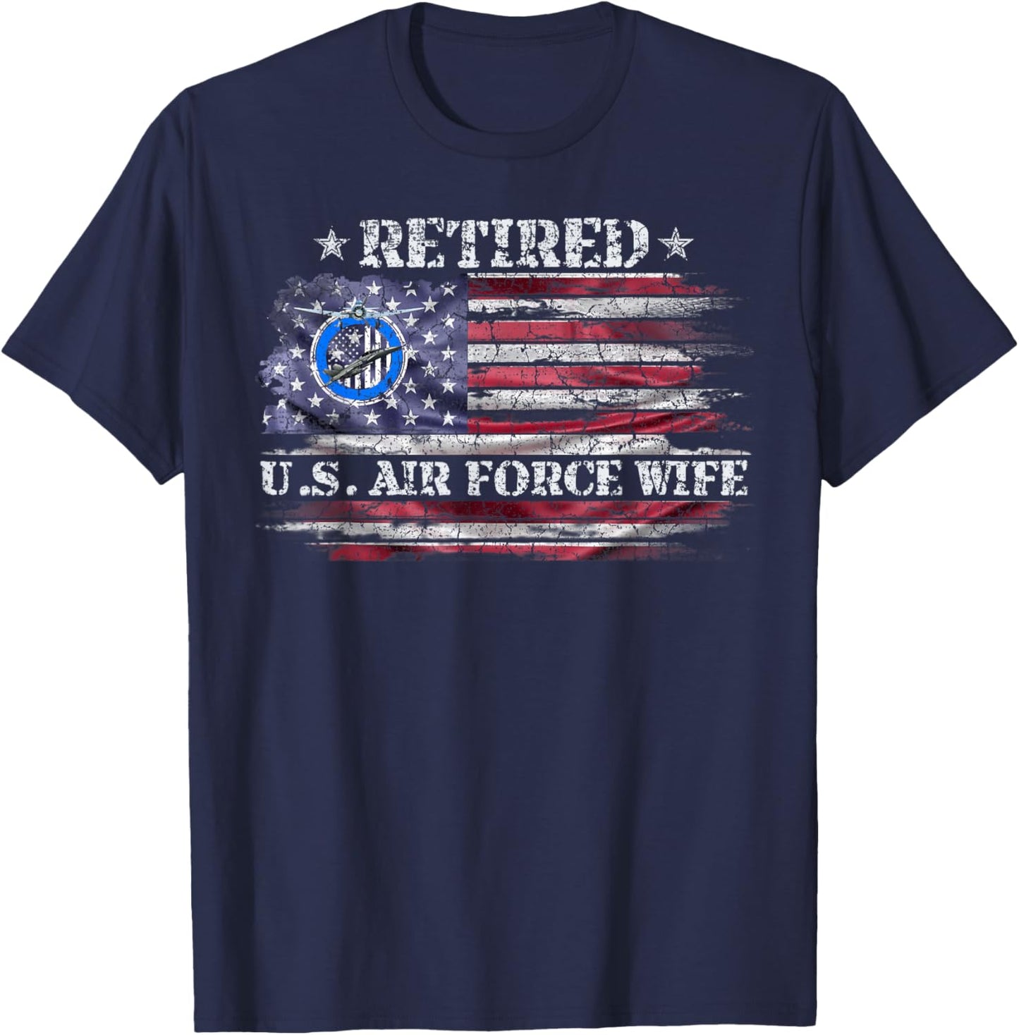 Vintage USA American Flag Proud Retired US Air Force Wife T-Shirt - T-Shirt | Navy