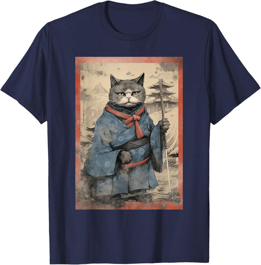 Japanese Art Cat Ninja Ukiyo-E Anime Style Samurai T-Shirt - T-Shirt | Navy