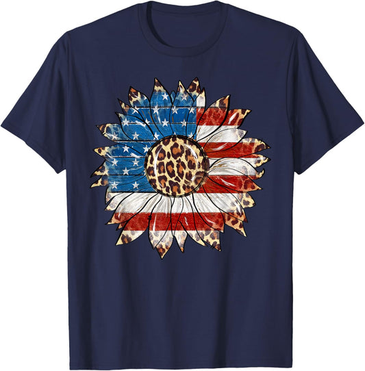 American Flag Sunflower Leopard 4th of July Patriotic T-Shirt - T-Shirt | Navy