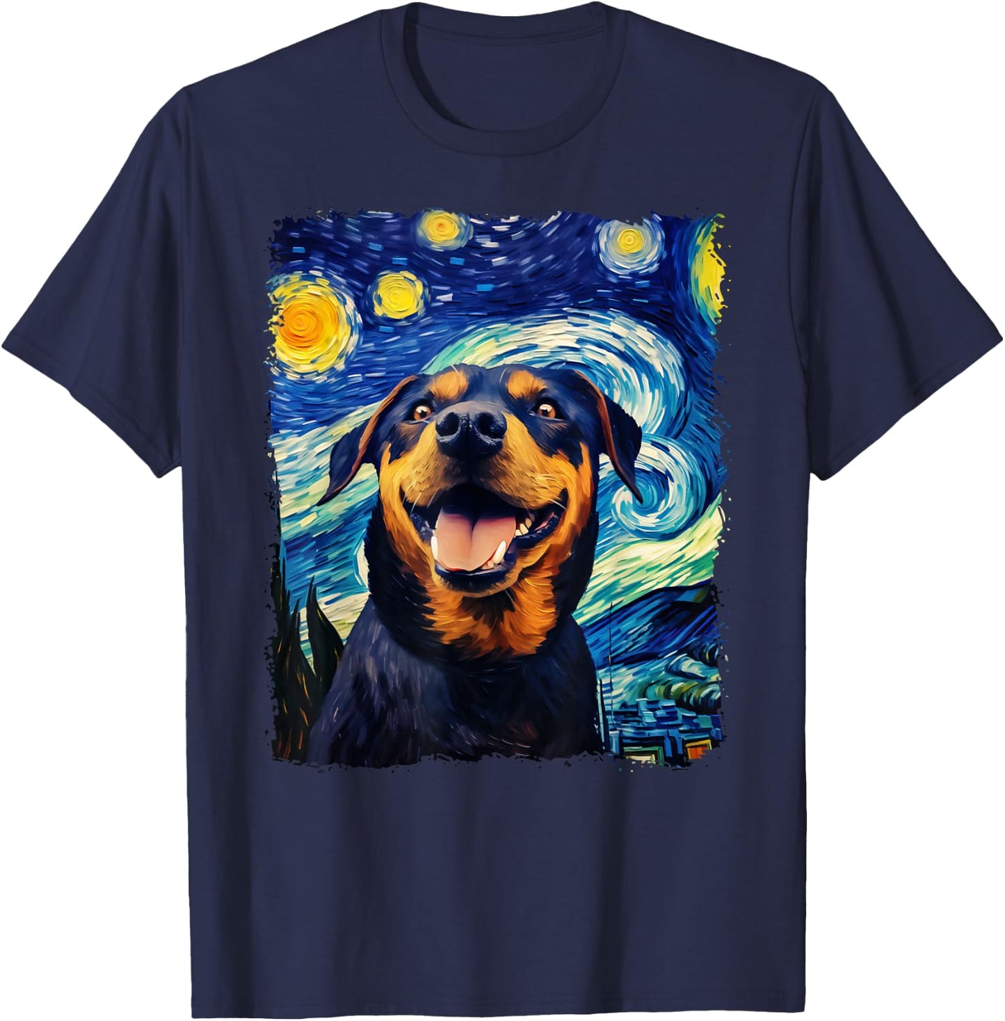 Selfie Rottweiler Starry Night Painting Van Gogh Funny Dog T-Shirt - T-Shirt | Navy