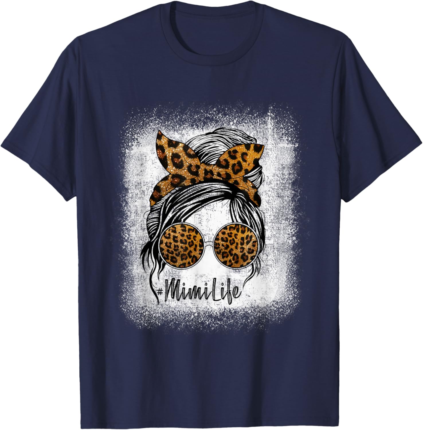 Mimi Life Messy Bun Sunglasses Bleached Mother’s Day Leopard T-Shirt - T-Shirt | Navy