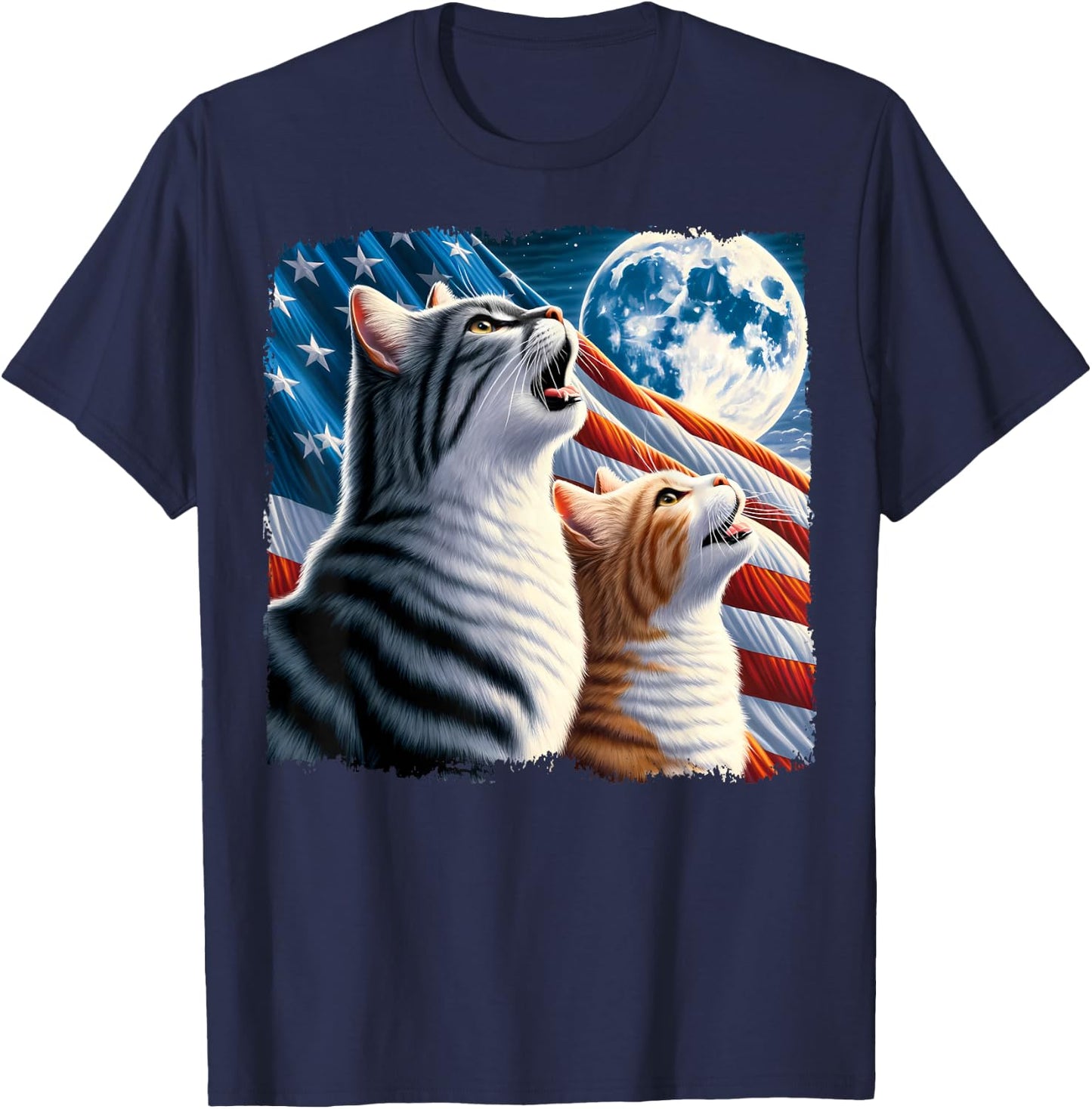 Cat 4th of July American Flag Howling Cats Under Blood Moon T-Shirt - T-Shirt | Navy