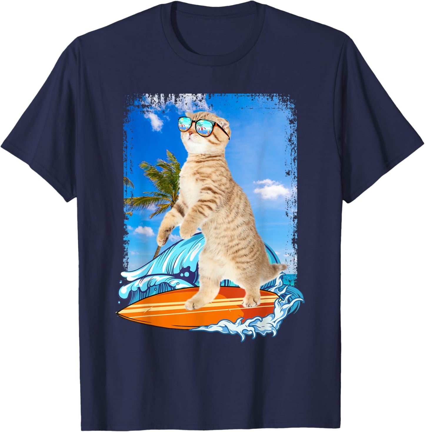 Cute Surfing Hawaiian Cat Lover Surfer Beach Summer Vacation Men Women Girls Kids T-Shirt - T-Shirt | Navy