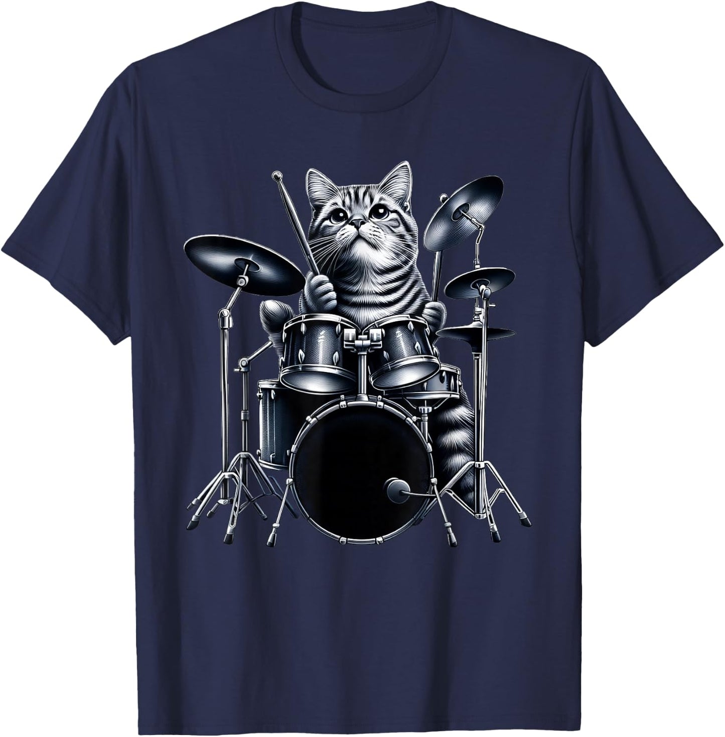 Cute Cat Playing Drums Cats Drummer Music Men Women Girls Kids T-Shirt - T-Shirt | Navy