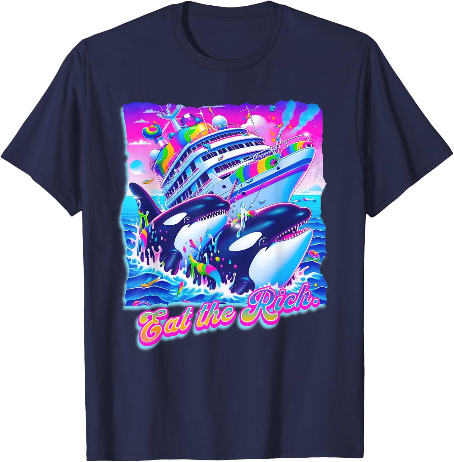 Eat The Rich Whale 90s Orca Funny Whale Yacht Animal Retro T-Shirt - T-Shirt | Navy