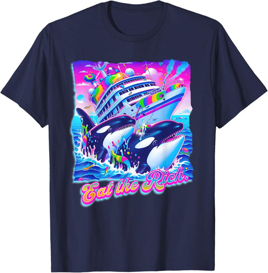 Eat The Rich Whale 90s Orca Funny Whale Yacht Animal Retro T-Shirt - T-Shirt | Navy