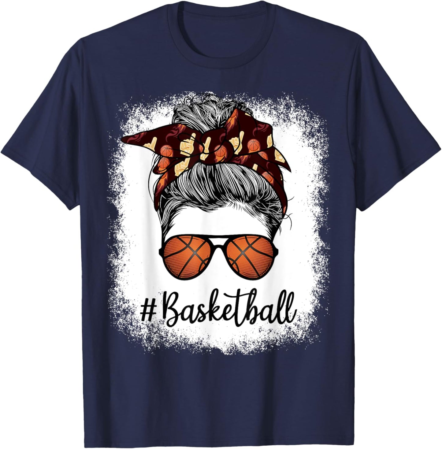 Bleached Life Basketball Mom Leopard Messy bun Glasses T-Shirt - T-Shirt | Navy