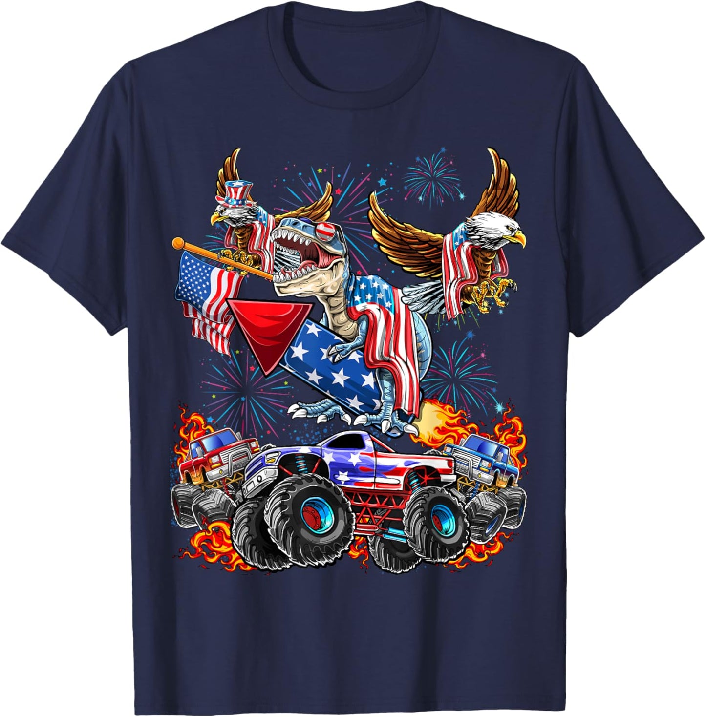 4th of July Dinosaur Monster Truck Bald Eagle American Flag T-Shirt - T-Shirt | Navy