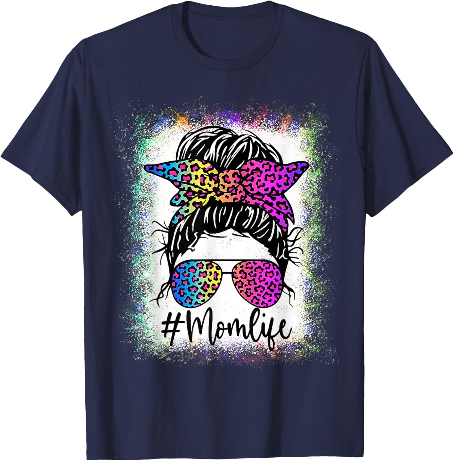Mom Life Bleached Shirt Rainbow Leopard Messy Bun T-Shirt - T-Shirt | Navy