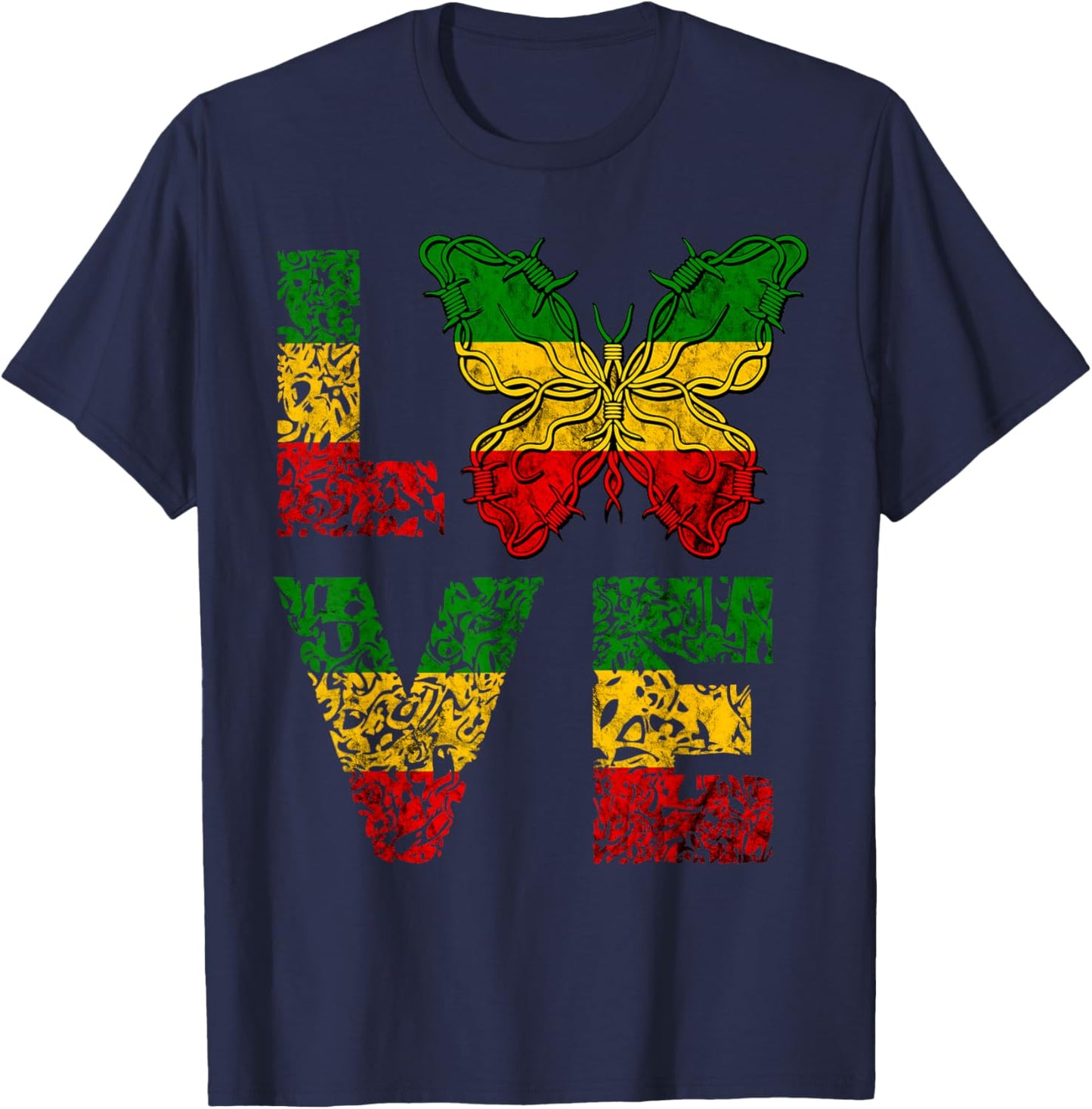 Love Butterfly Reggae Rastafari Reggaeton Hippie T-Shirt - T-Shirt | Navy