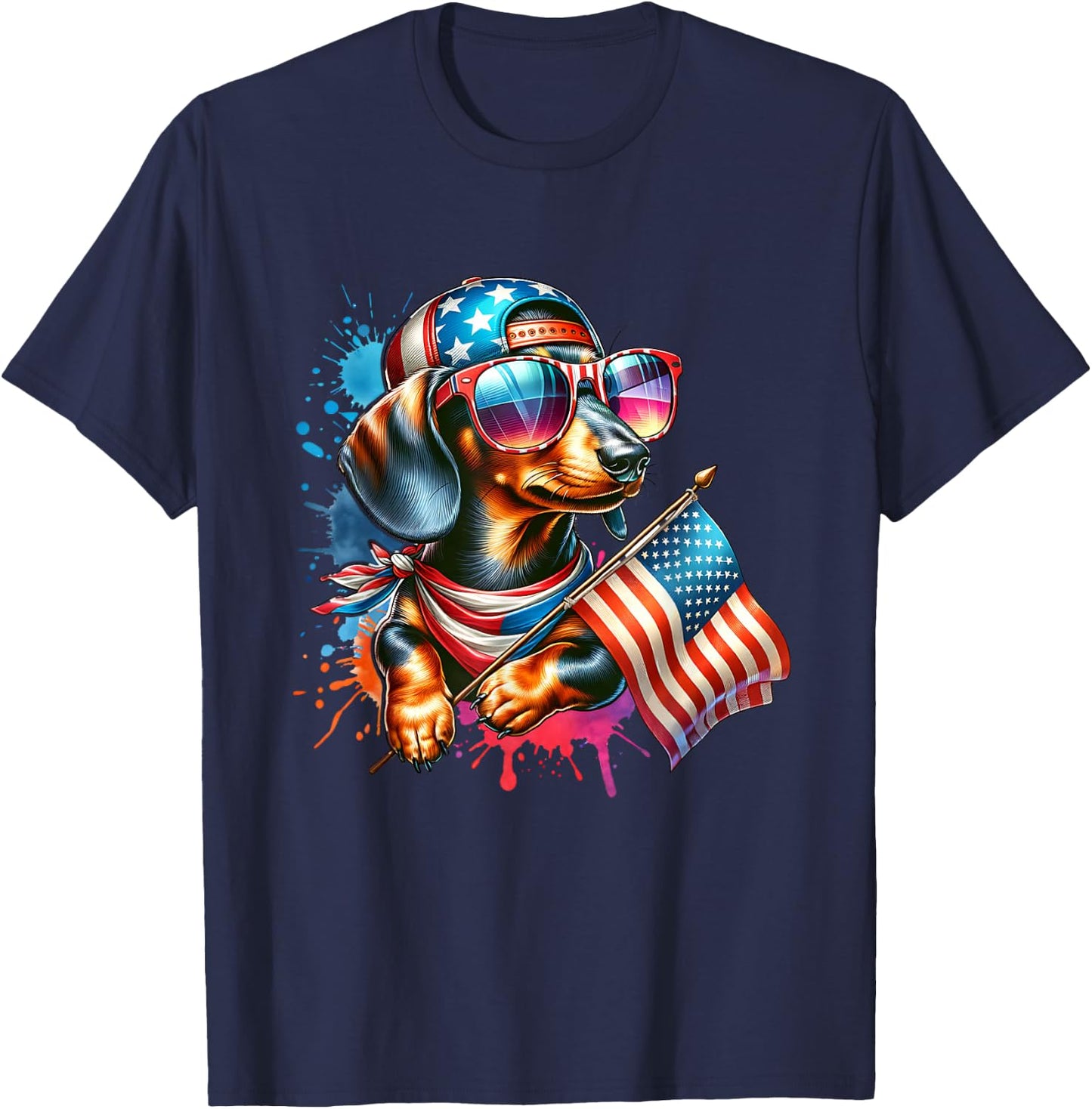 4th Of July Dachshund Dog Holding American Flag Dog Lover T-Shirt - T-Shirt | Navy