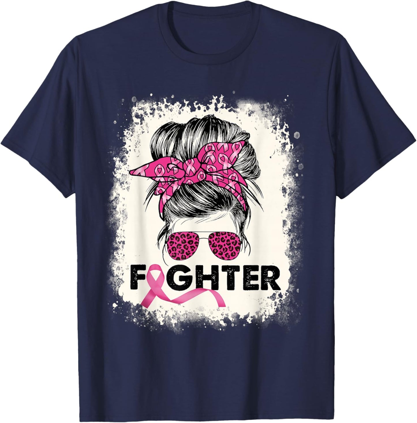 Fighter Messy Bun Breast Cancer Awareness Pink Warrior T-Shirt - T-Shirt | Navy