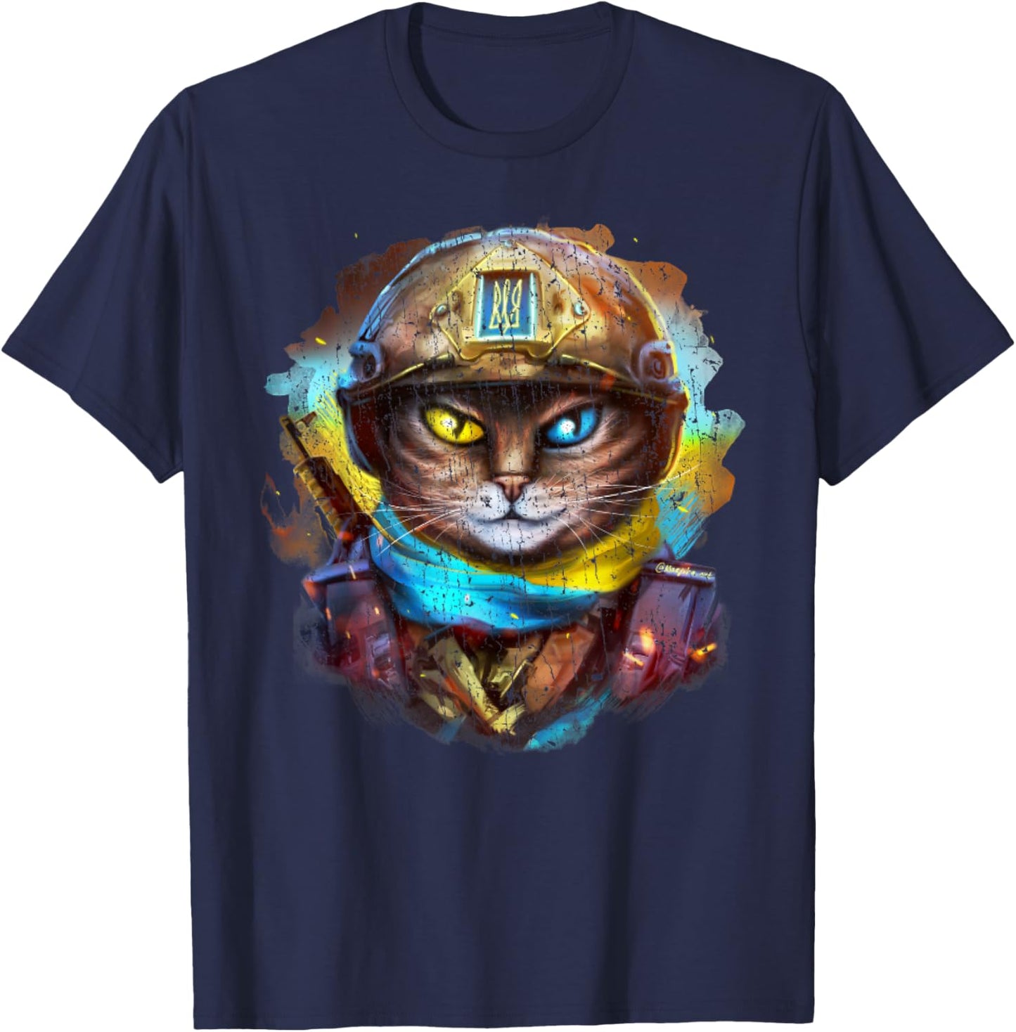 Funny Cat Ukrainian Soldier Flag Vintage Support Ukraine Women Kids T-Shirt - T-Shirt | Navy
