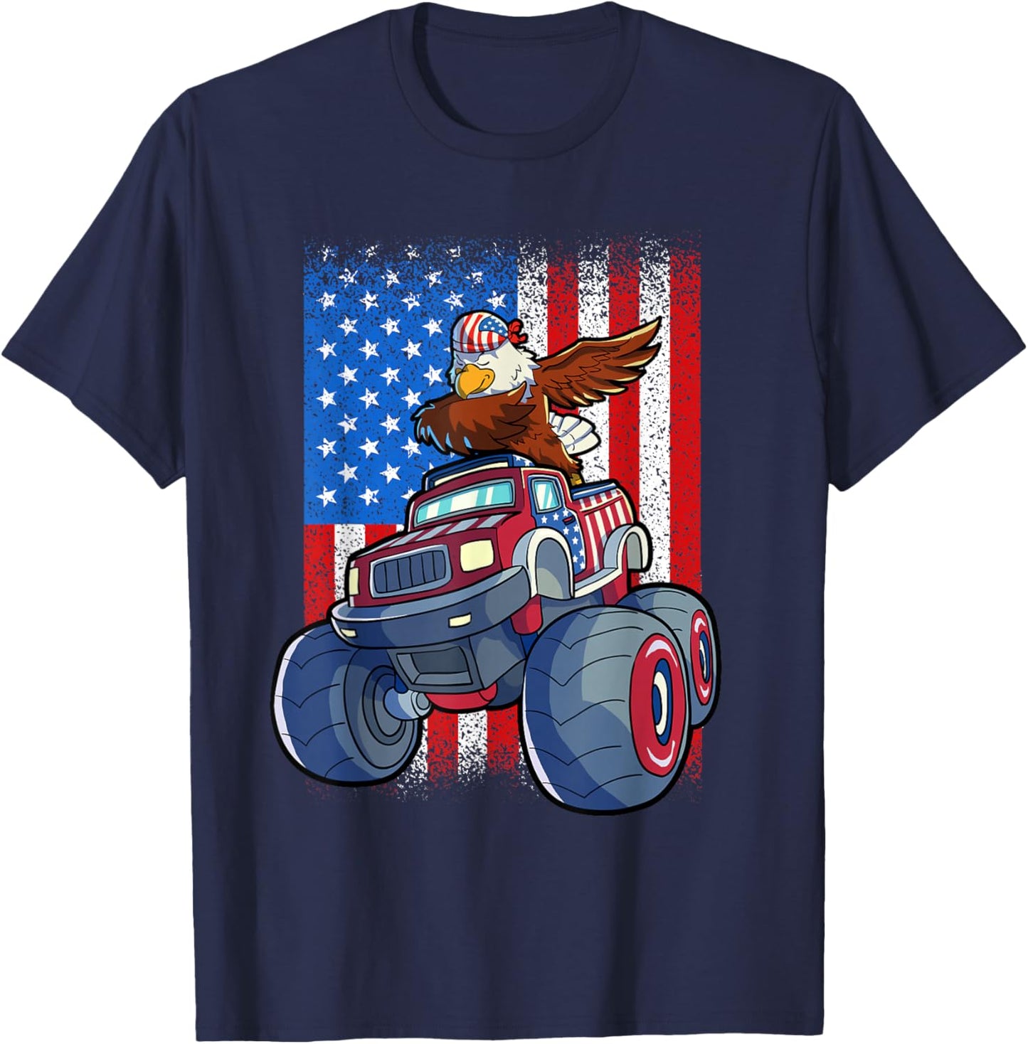 Dabbing Eagle Monster Truck 4th Of July Boys American Flag T-Shirt - T-Shirt | Navy