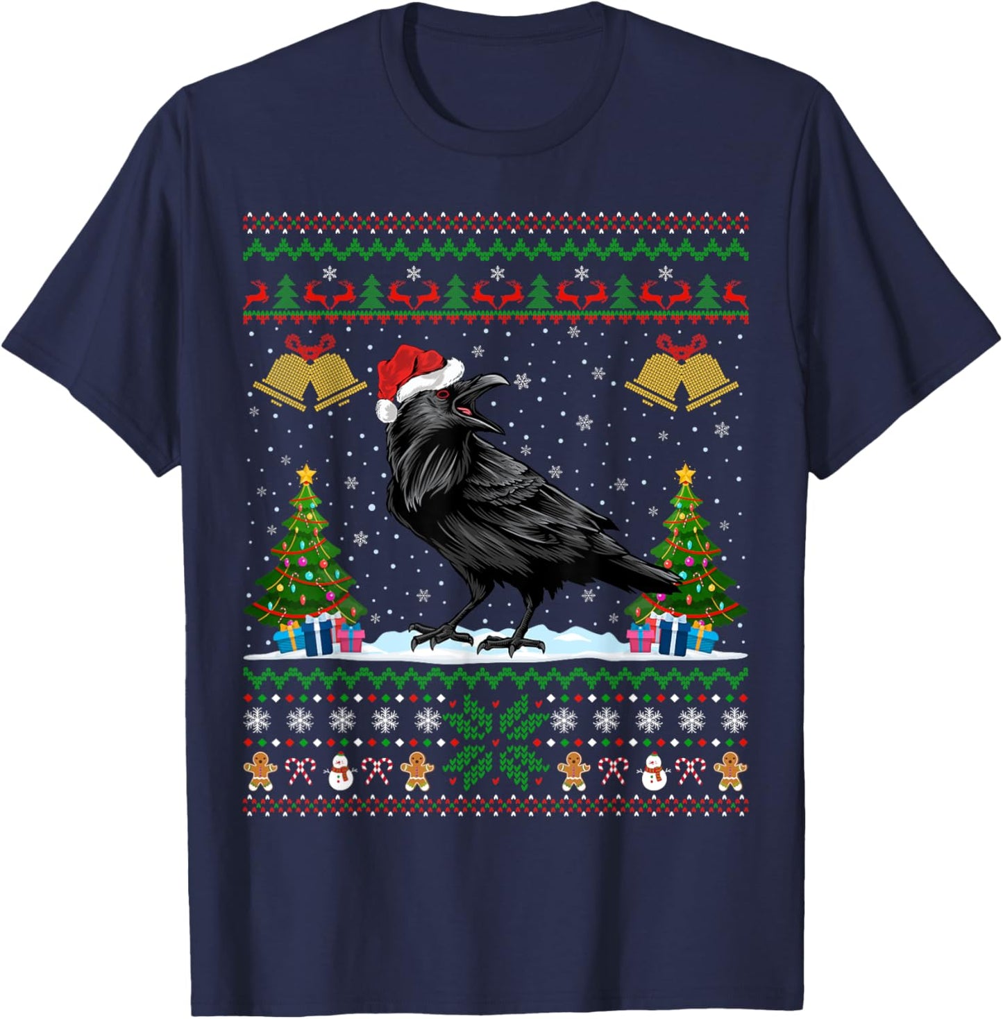 Santa Hat Raven Bird Xmas Lighting Ugly Raven Christmas T-Shirt - T-Shirt | Navy