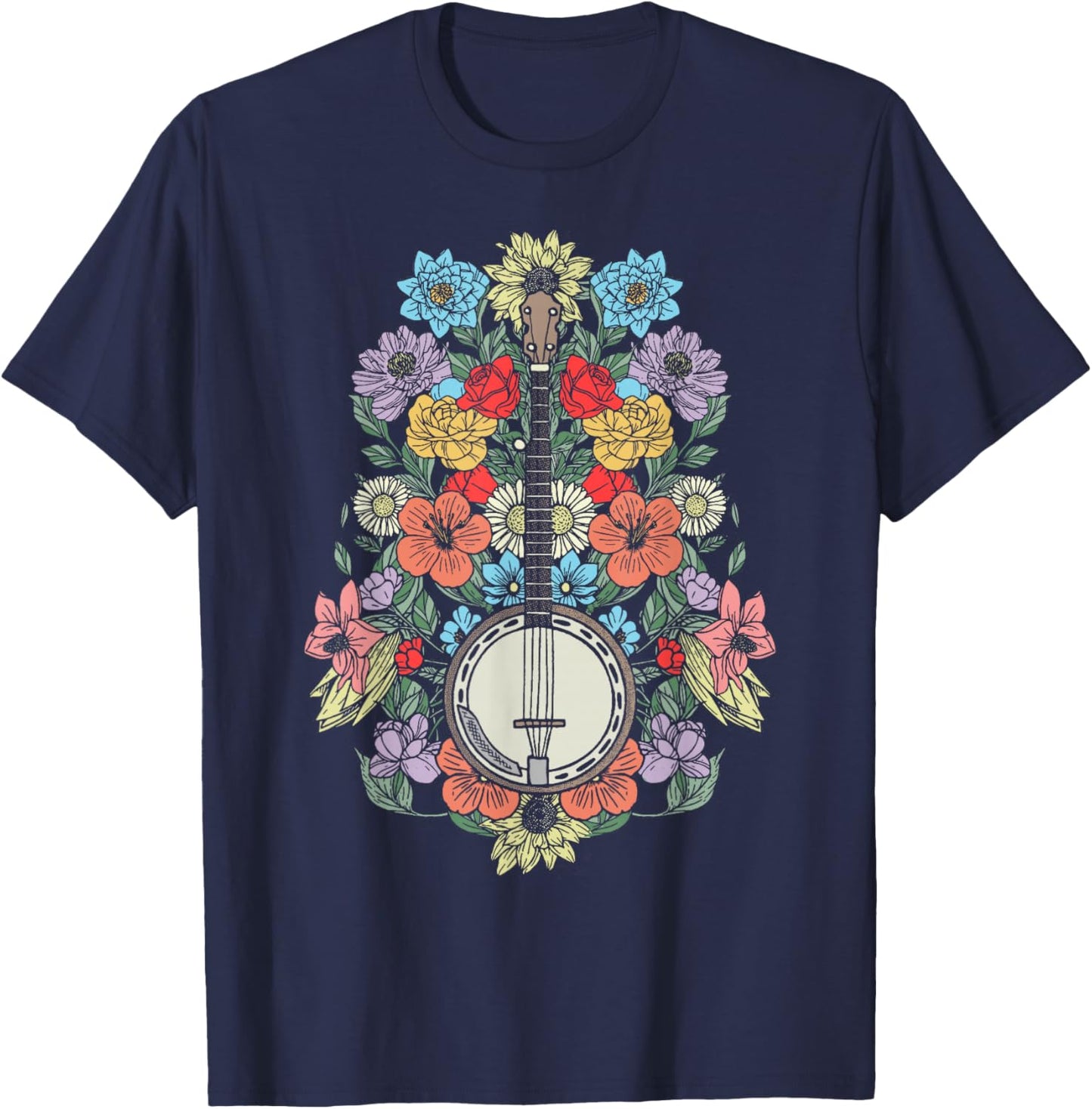 Banjo Flowers Vintage Stringed Bluegrass Folk Floral Pattern T-Shirt - T-Shirt | Navy