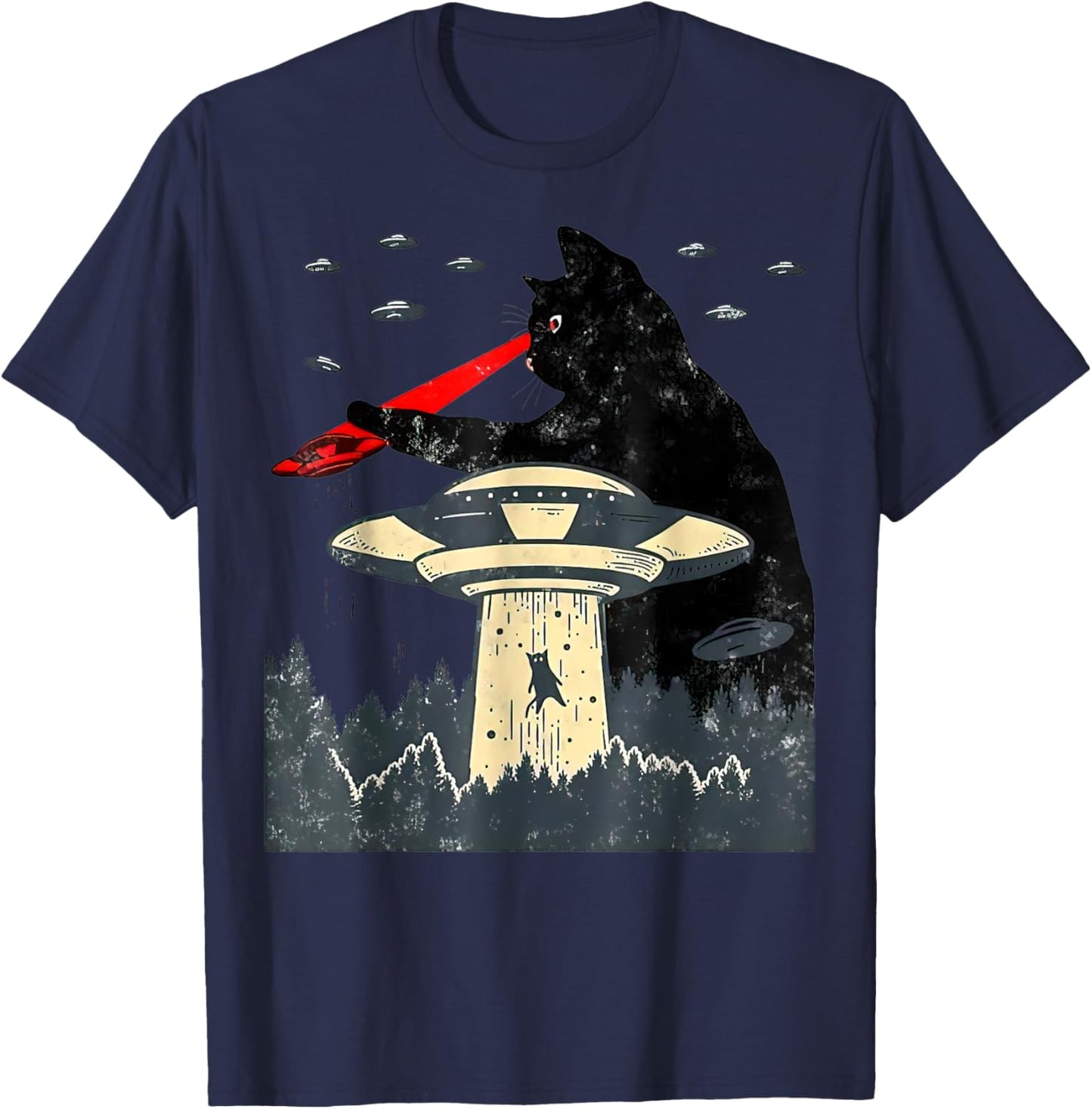 Cat UFO Black Cat, Funny Cat , Cat Graphic, Cat Laser Eye Women T-Shirt - T-Shirt | Navy