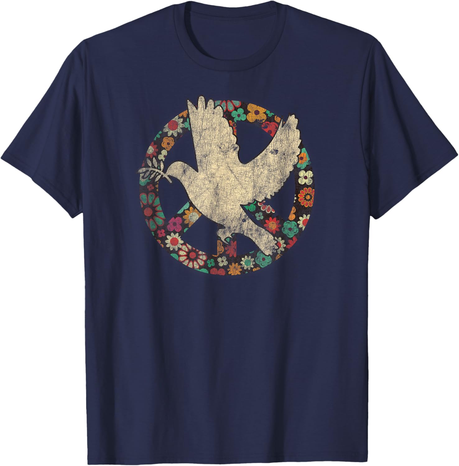 Dove Bird of Distress Peace Sign Kindness and Flower Peace T-Shirt - T-Shirt | Navy