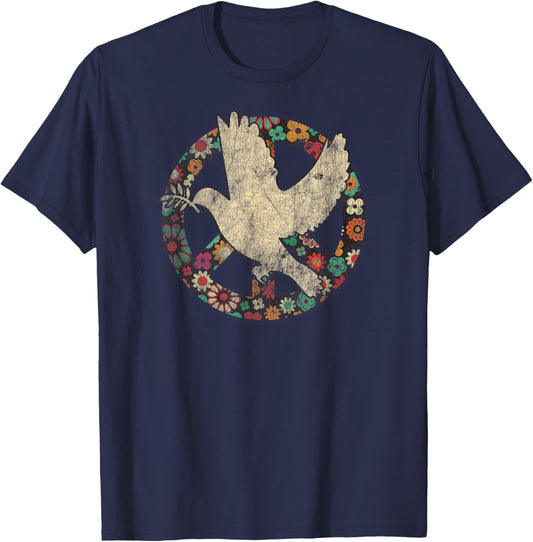 Dove Bird of Distress Peace Sign Kindness and Flower Peace T-Shirt - T-Shirt | Navy